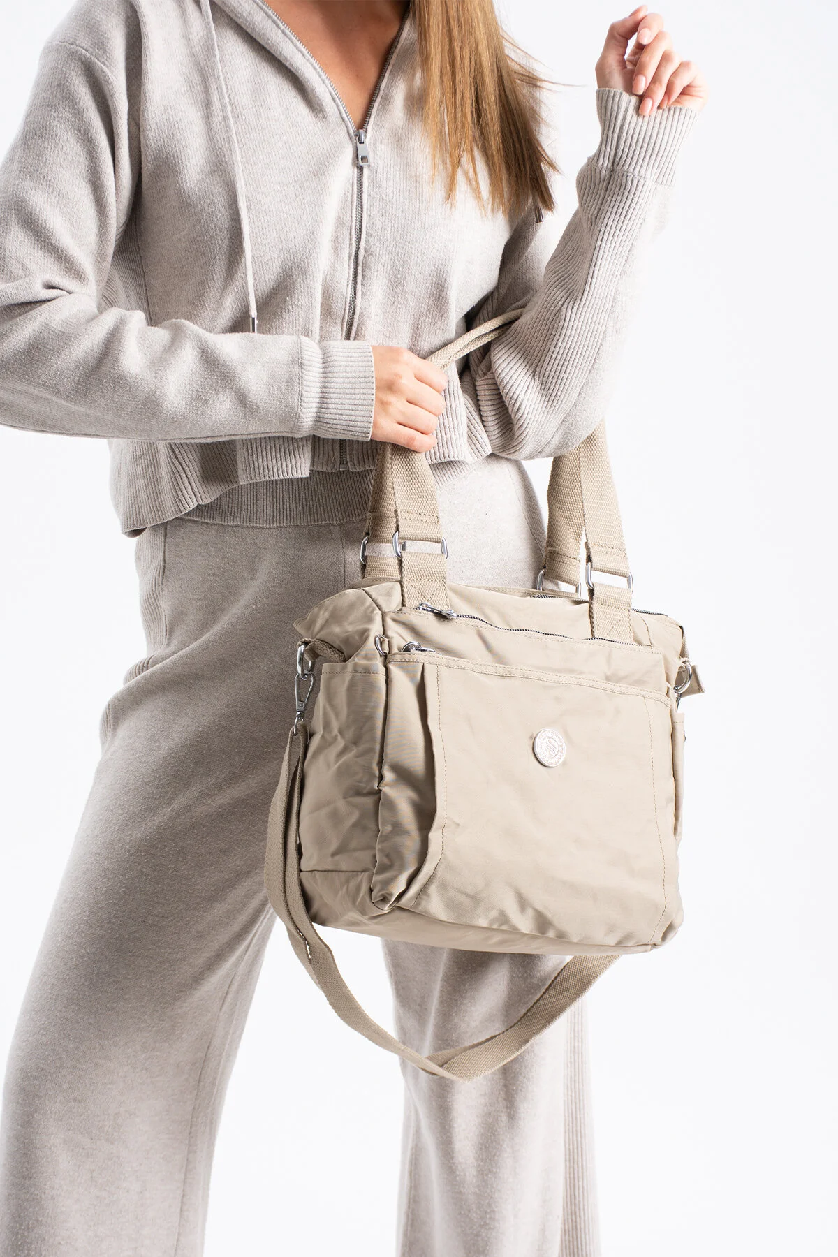 Büyük Boy 4 Bölmeli Suya Dayanıklı Paraşüt Kumaş Çapraz Ve Omuz Askılı Çanta - BEJ