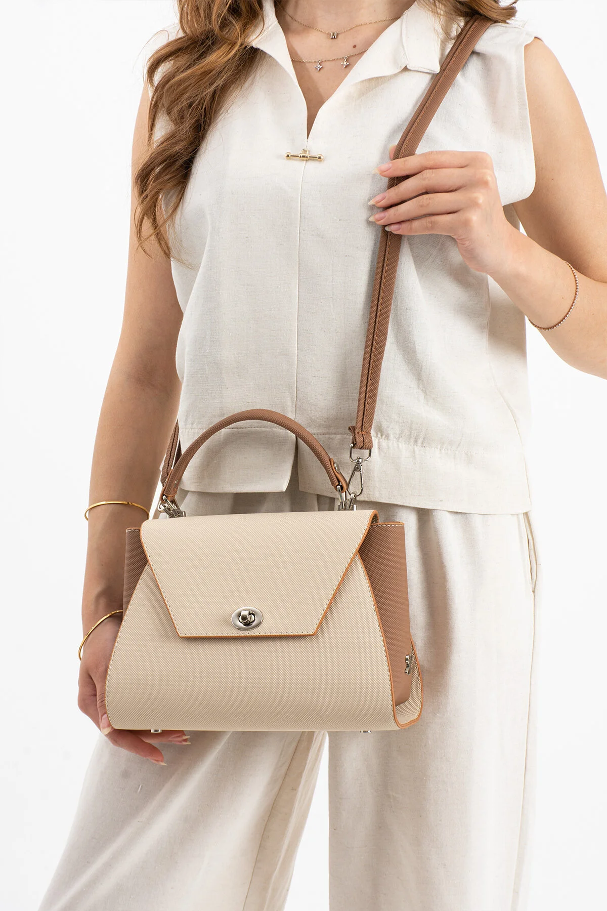 Polo Of Colors Kapaklı El ve Uzun Omuz Askılı Kadın Çanta Cüzdan Takımı - KREM-TABA