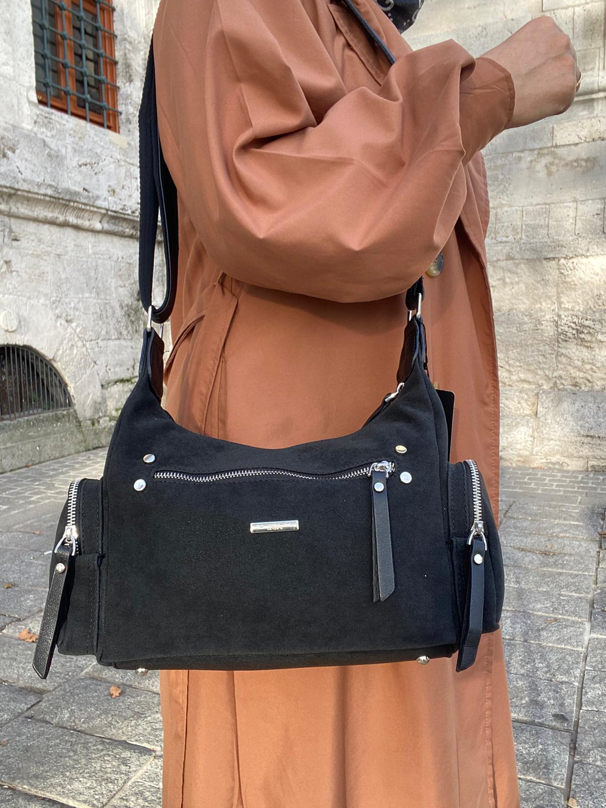 8 BÖLMELİ ASTARLI UZUN ASKILI ÇAPRAZ VE OMUZ ÇANTASI - SİYAH-NUBUK