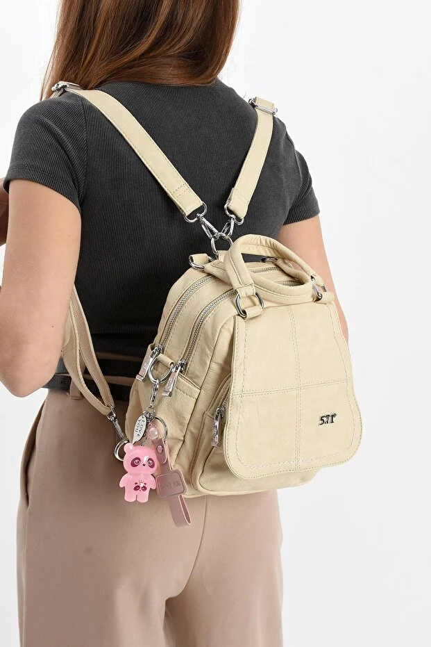 Charm Hediyeli Hem Sırt Hem Omuz Çantası Çok Bölmeli Kullanışlı - KREM