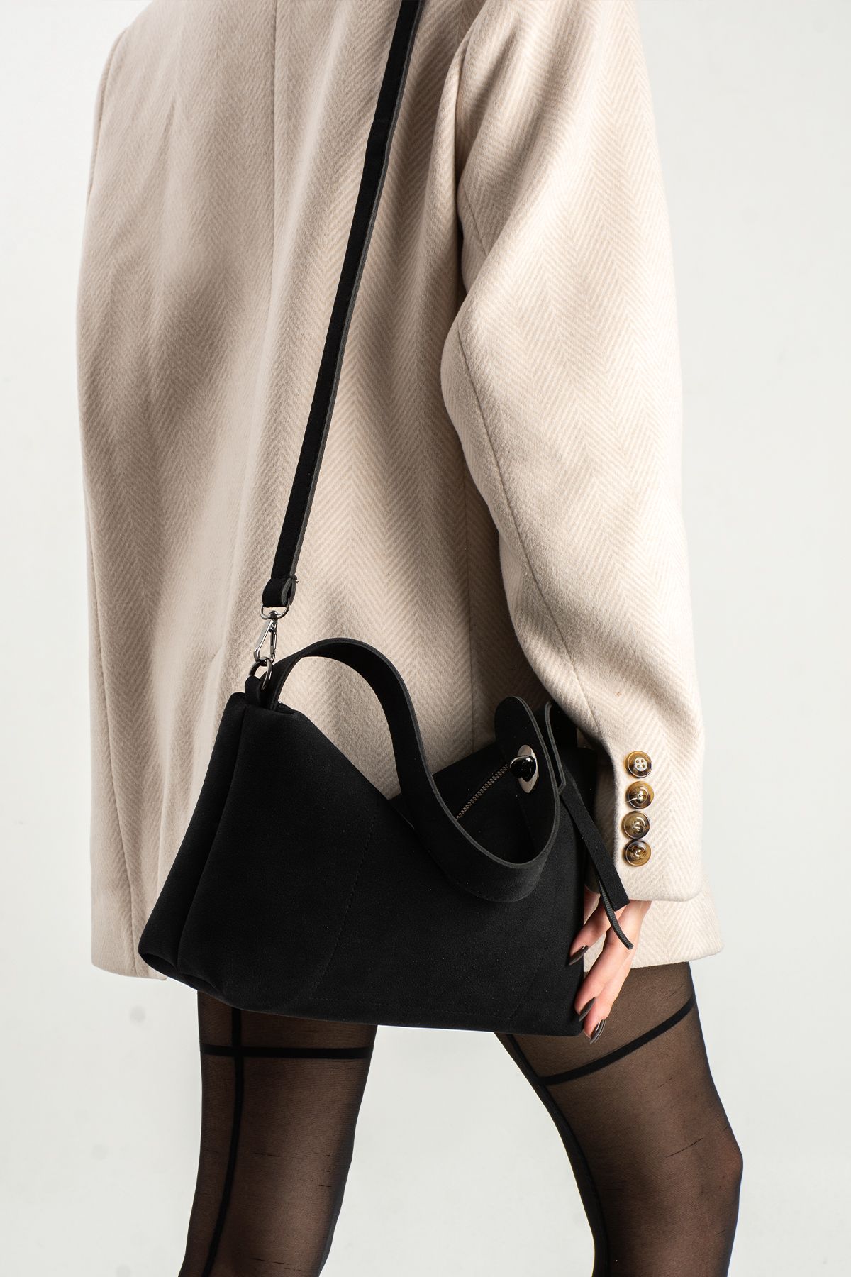 Süet Çift Saplı İç Cep Detaylı Kadın Kol Çantası