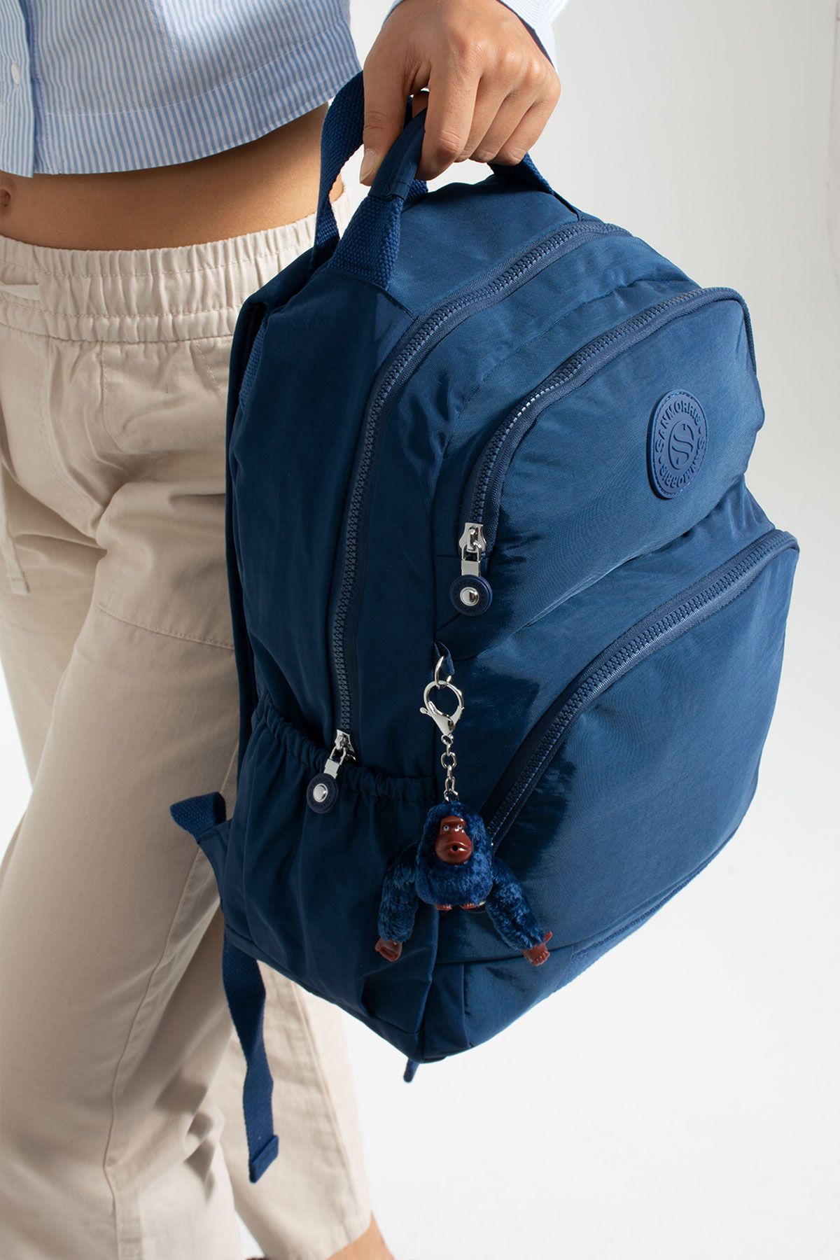 Unisex Suya Dayanıklı Kumaş Laptop Bölmeli 3 Gözlü Okul Seyahat Sırt Çantası - LACİVERT