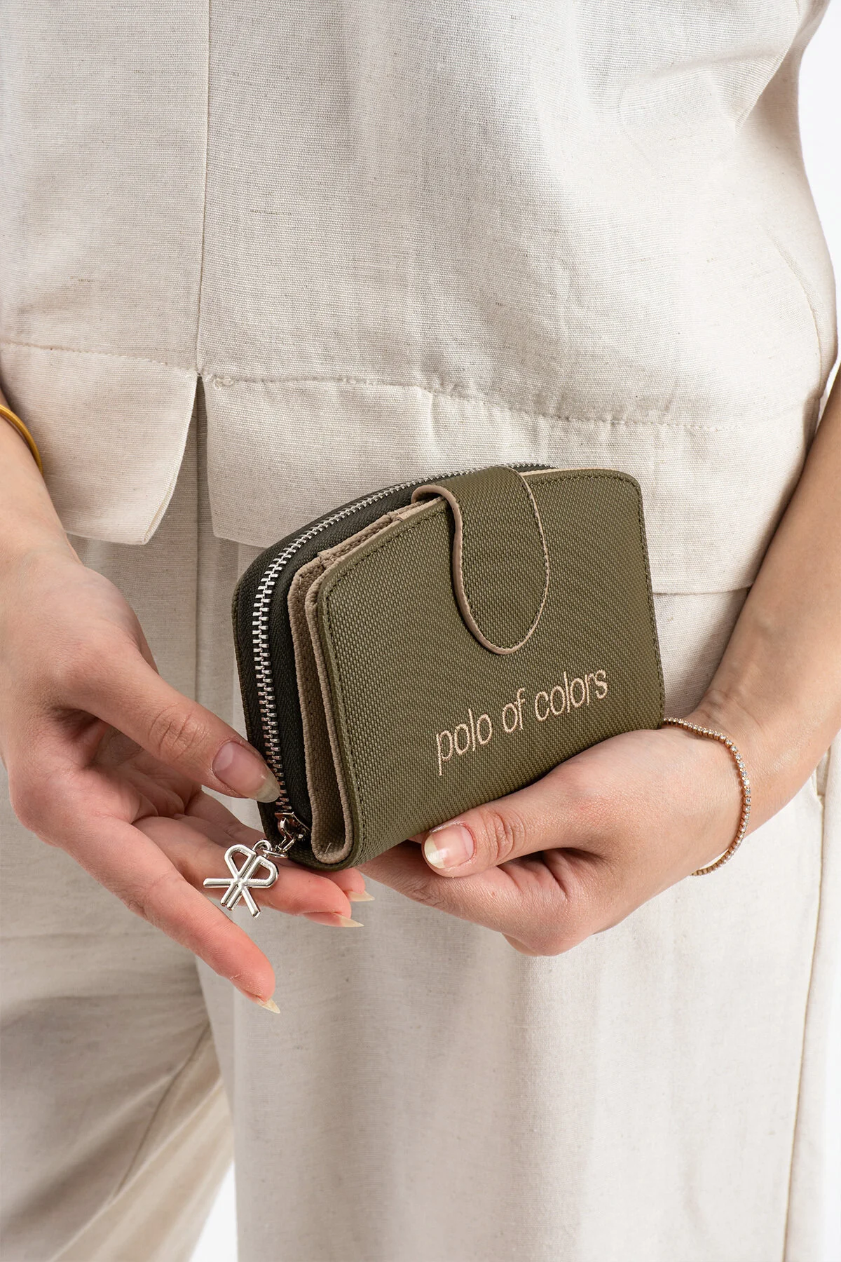 Polo Of Colors Kapaklı El ve Uzun Omuz Askılı Kadın Çanta Cüzdan Takımı - HAKİ-KREM