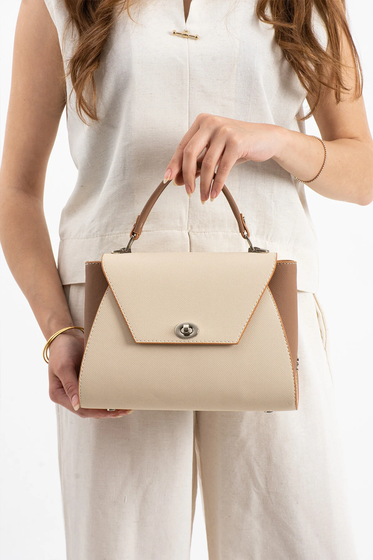 Polo Of Colors Kapaklı El ve Uzun Omuz Askılı Kadın Çanta Cüzdan Takımı - KREM-TABA