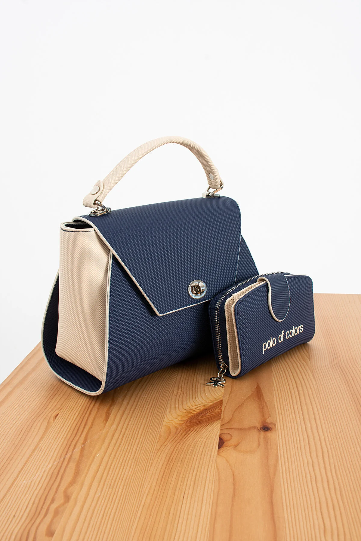 Polo Of Colors Kapaklı El ve Uzun Omuz Askılı Kadın Çanta Cüzdan Takımı - LACİVERT-KREM