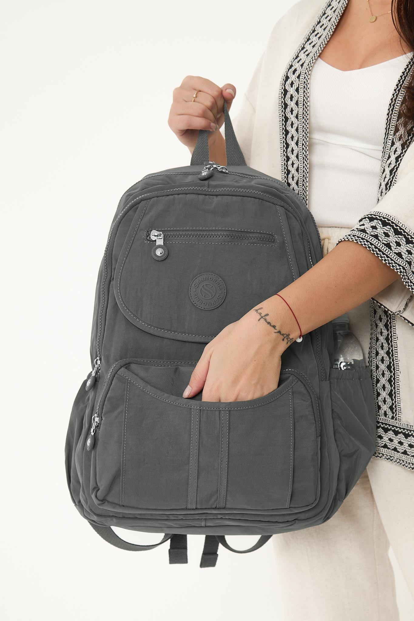 Unisex Suya Dayanıklı Krinkıl Kumaş Çok Gözlü Laptop Okul Ve Seyahat Sırt Çantası - GRİ