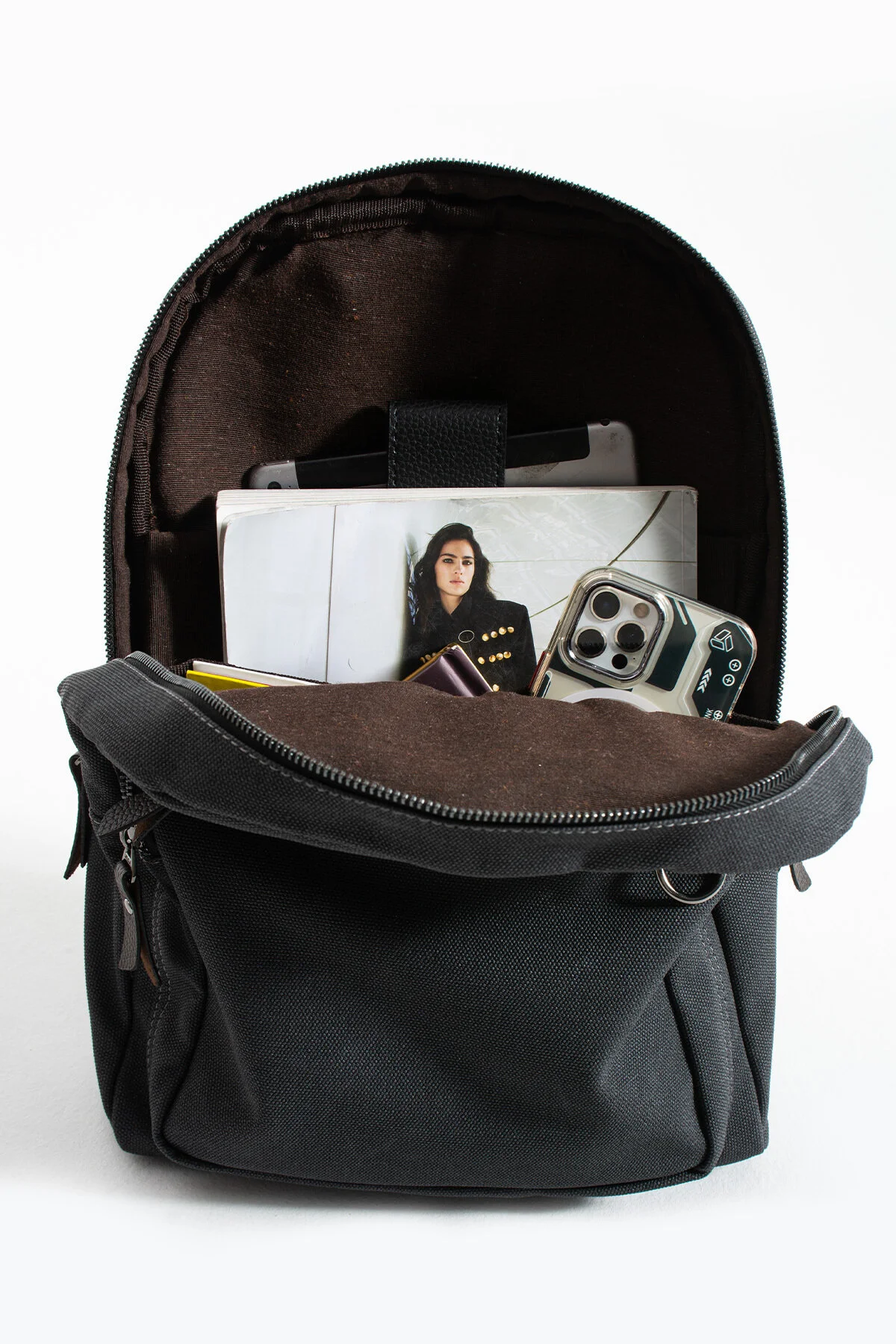 Premium Kanvas Kumaş Sırt Çantası Business Çanta 1.sınıf Kaliteli Kumaş Çanta - SİYAH-KAHVERENGİ