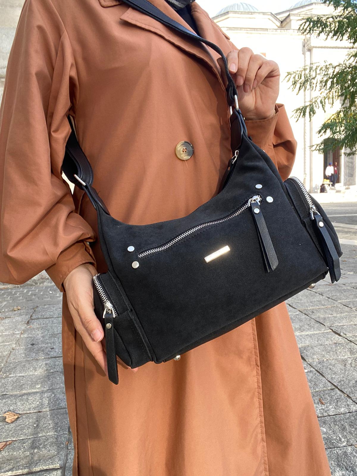 8 BÖLMELİ ASTARLI UZUN ASKILI ÇAPRAZ VE OMUZ ÇANTASI - SİYAH-NUBUK