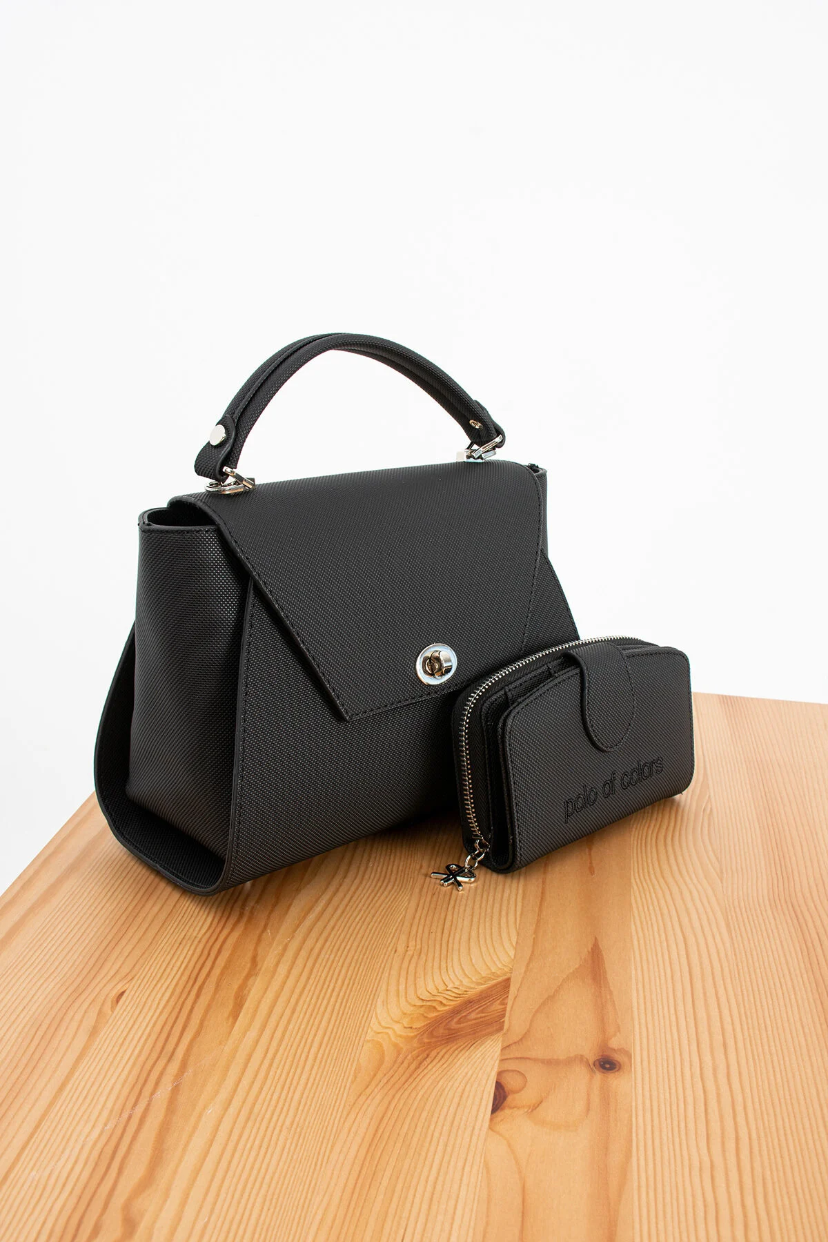 Polo Of Colors Kapaklı El ve Uzun Omuz Askılı Kadın Çanta Cüzdan Takımı - SİYAH