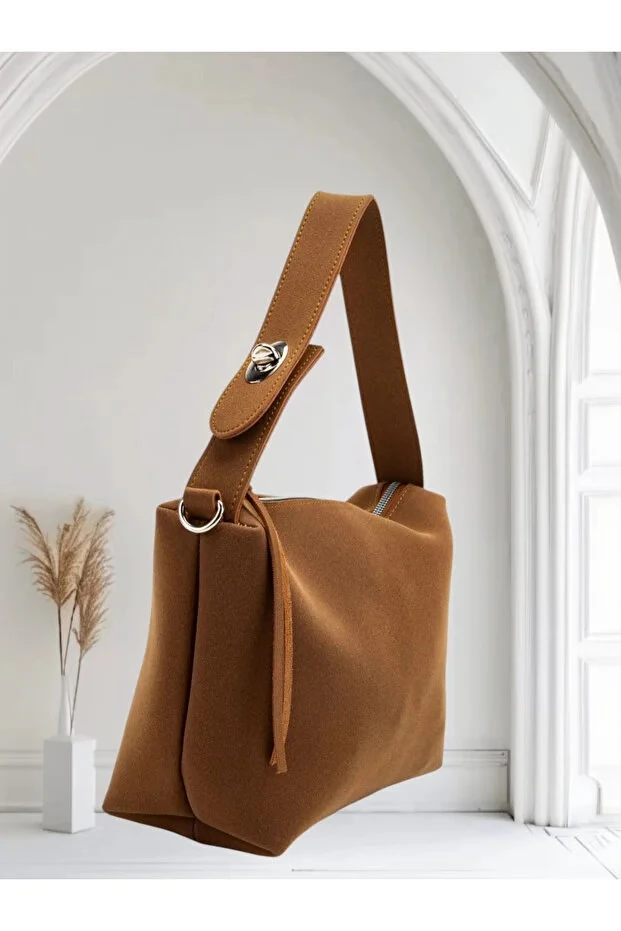 Süet Çift Saplı İç Cep Detaylı Kadın Kol Çantası