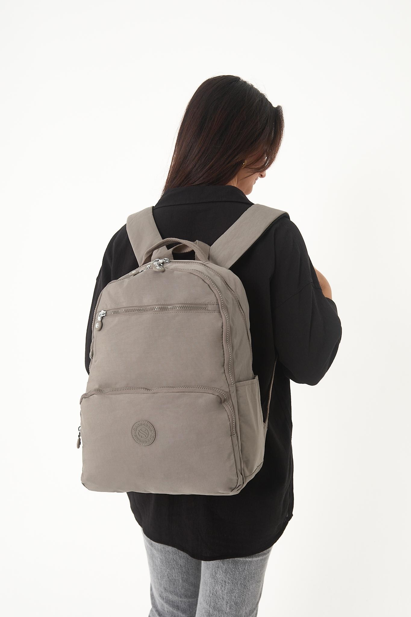 Unisex Suya Dayanıklı Orta Boy Krinkıl Kumaş Çok Gözlü Laptop Okul Ve Seyahat Sırt Çantası - VİZON