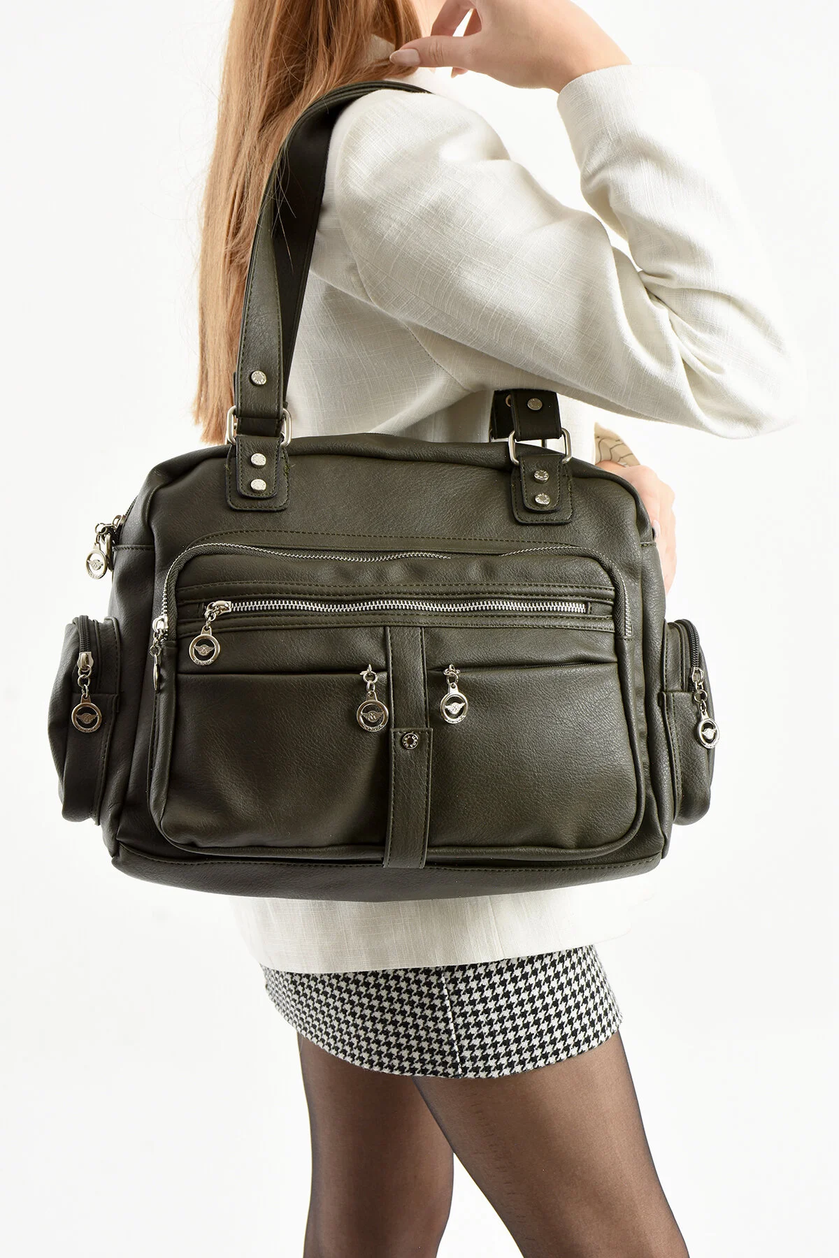 10 Bölmeli Büyük Boy El Ve Omuz Çantası - HAKİ YEŞİL