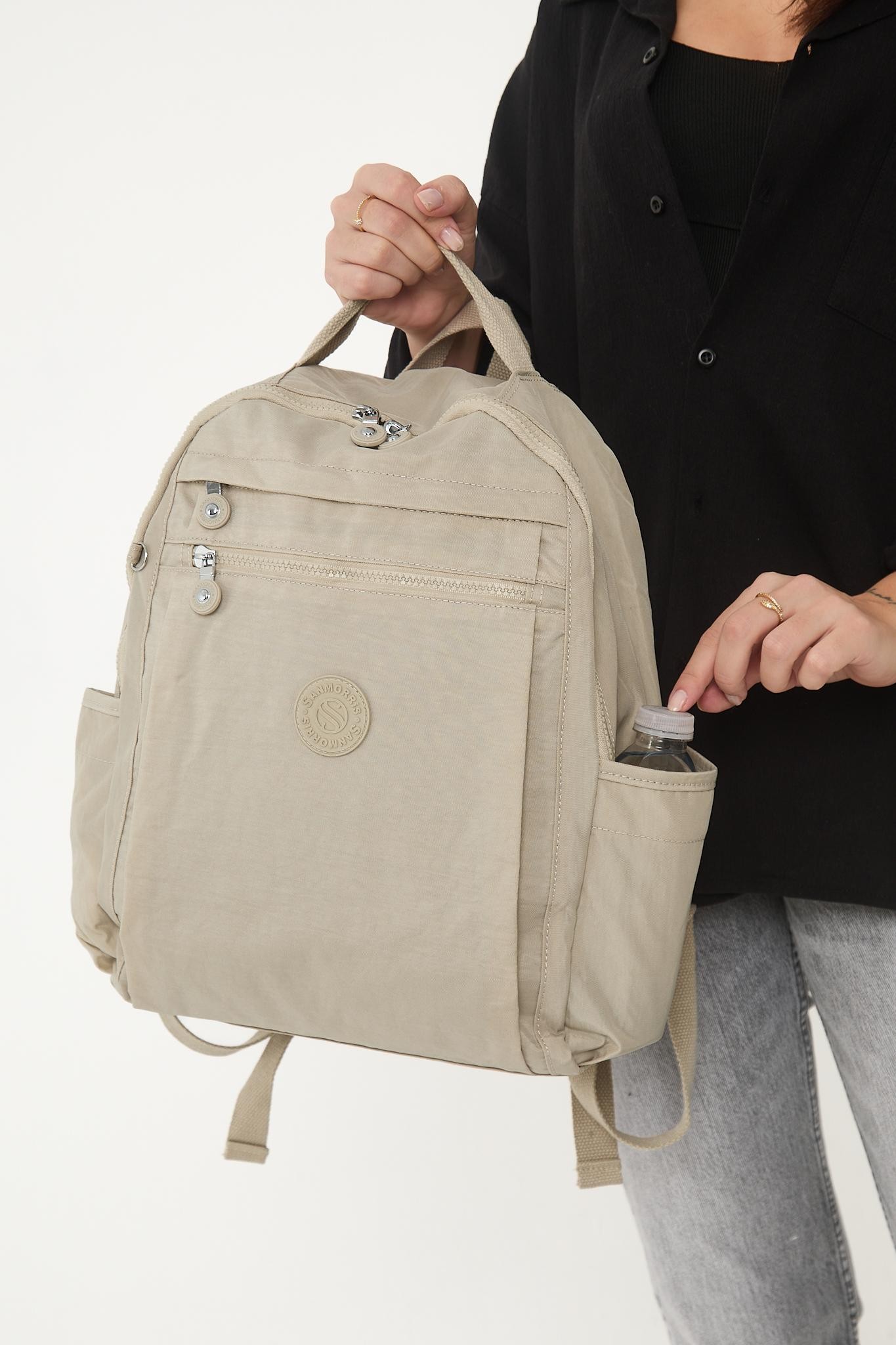 Unisex Suya Dayanıklı Krinkıl Kumaş Çok Gözlü Laptop Okul Ve Sırt Çantası - KREM