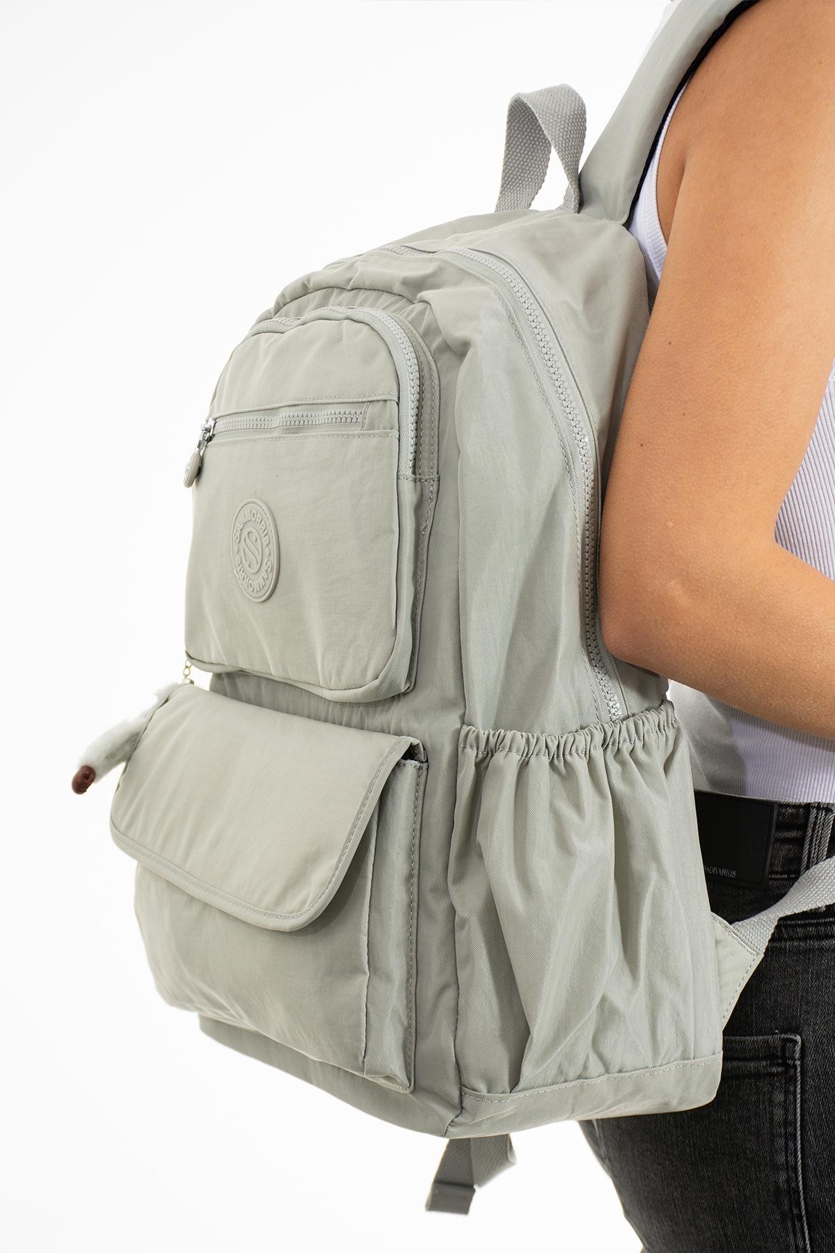 Unisex Suya Dayanıklı Kumaş Laptop Bölmeli Büyük Boy Açık Gri Renkli Okul Seyahat Sırt Çantası - GRİ