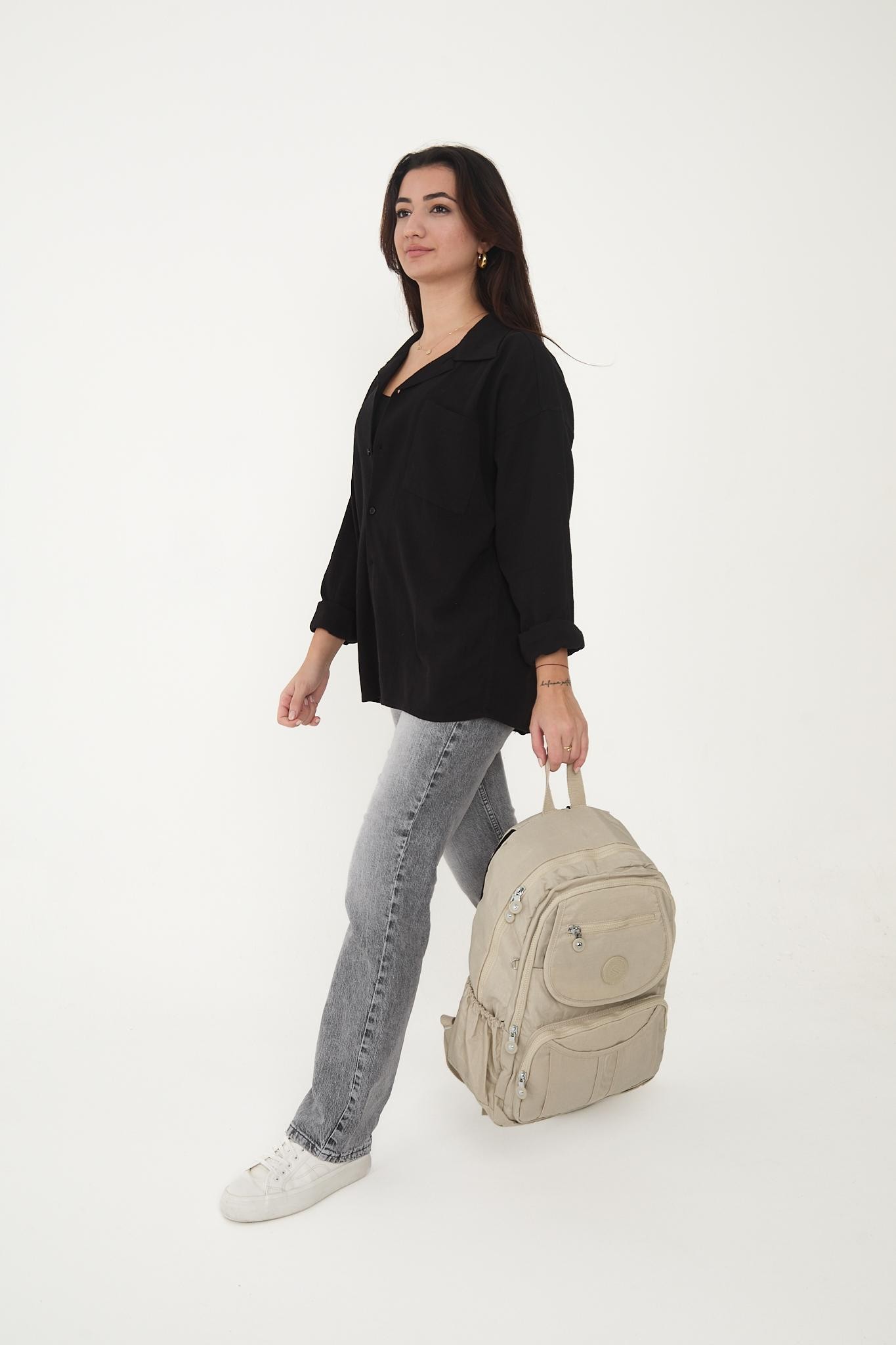 Unisex Suya Dayanıklı Krinkıl Kumaş Çok Gözlü Laptop Okul Ve Seyahat Sırt Çantası - KREM