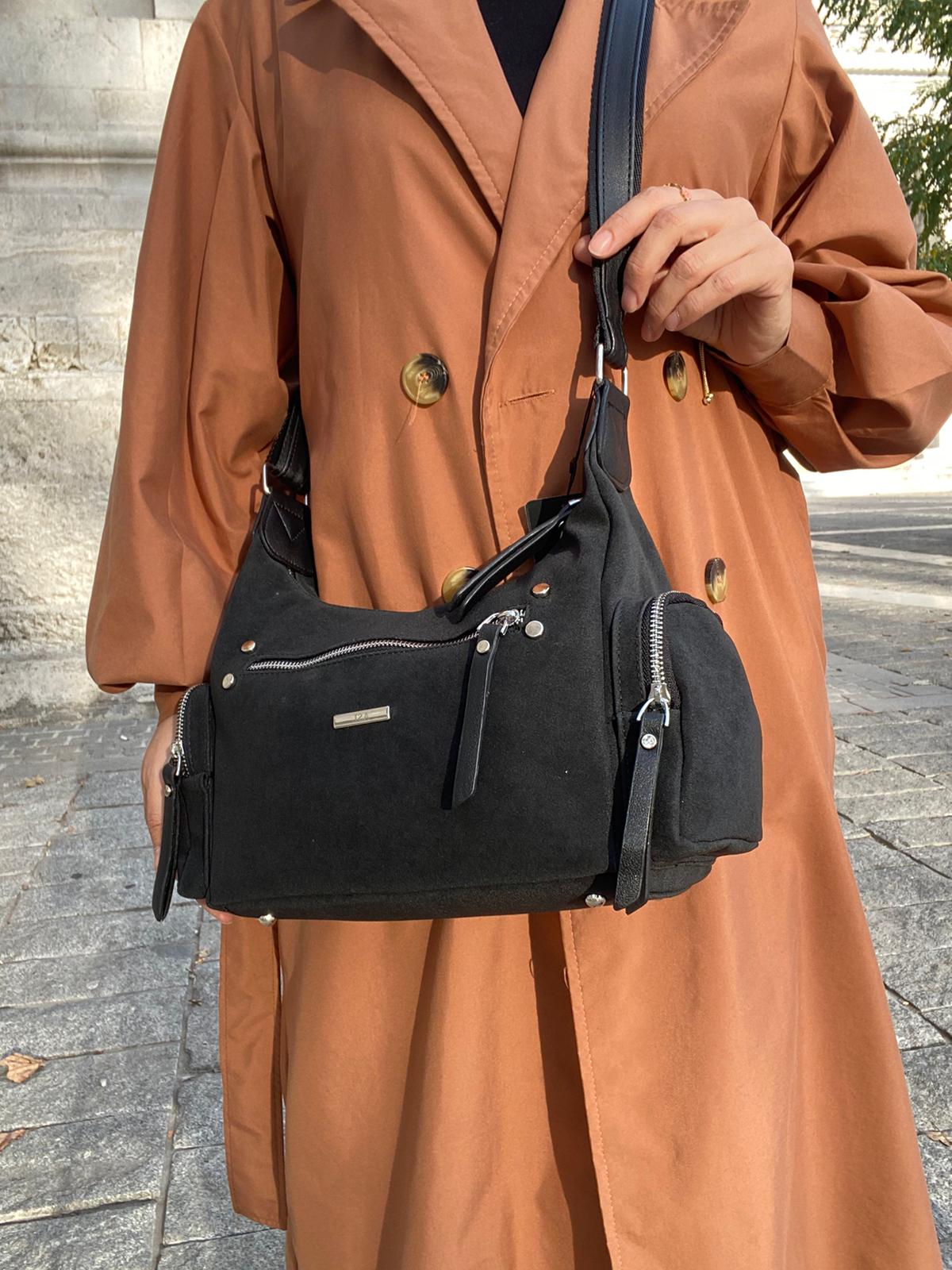 8 BÖLMELİ ASTARLI UZUN ASKILI ÇAPRAZ VE OMUZ ÇANTASI - SİYAH-NUBUK