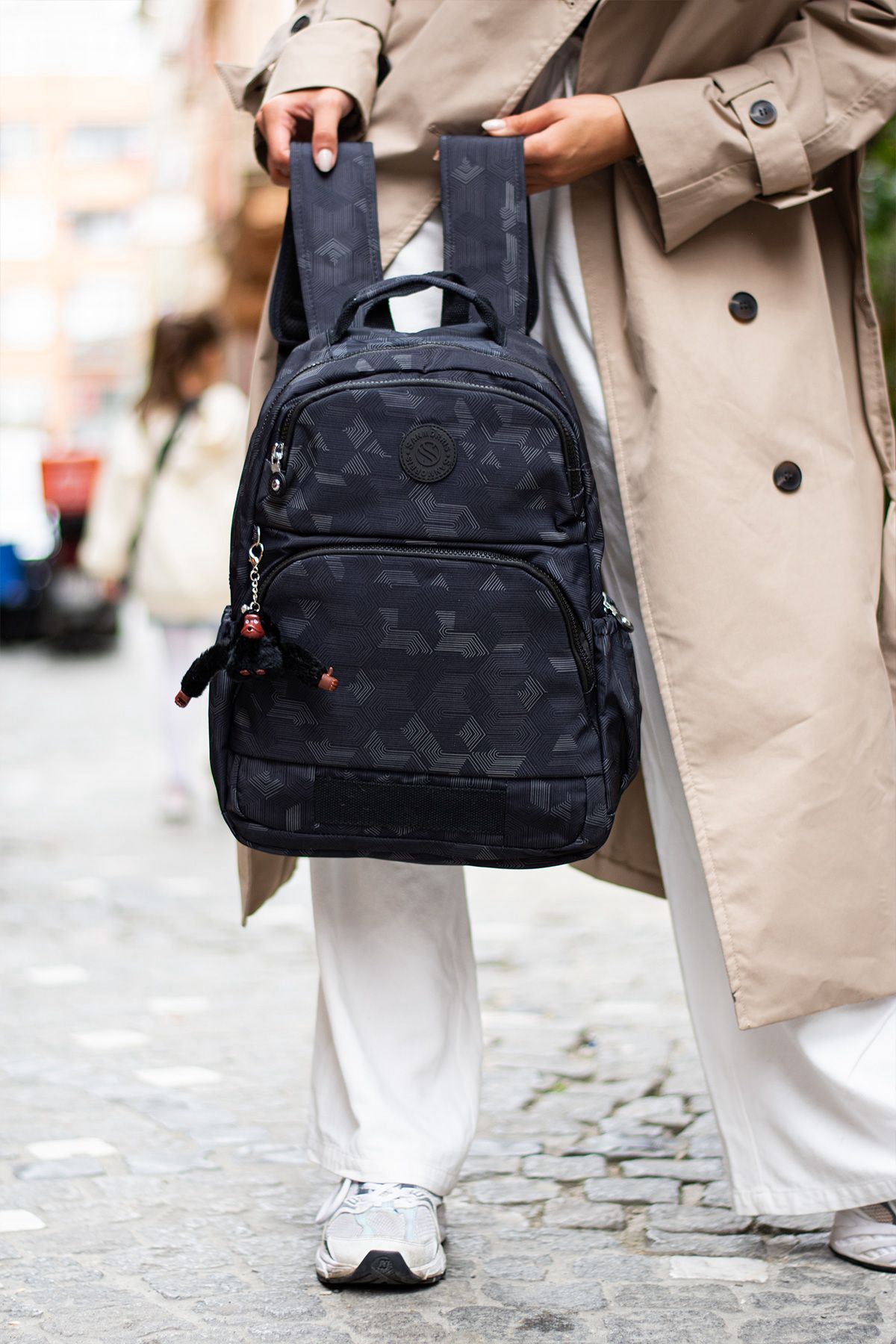 Unisex Suya Dayanıklı Kumaş Laptop Bölmeli 3 Gözlü Okul Seyahat Sırt Çantası - SİYAH DESENLİ