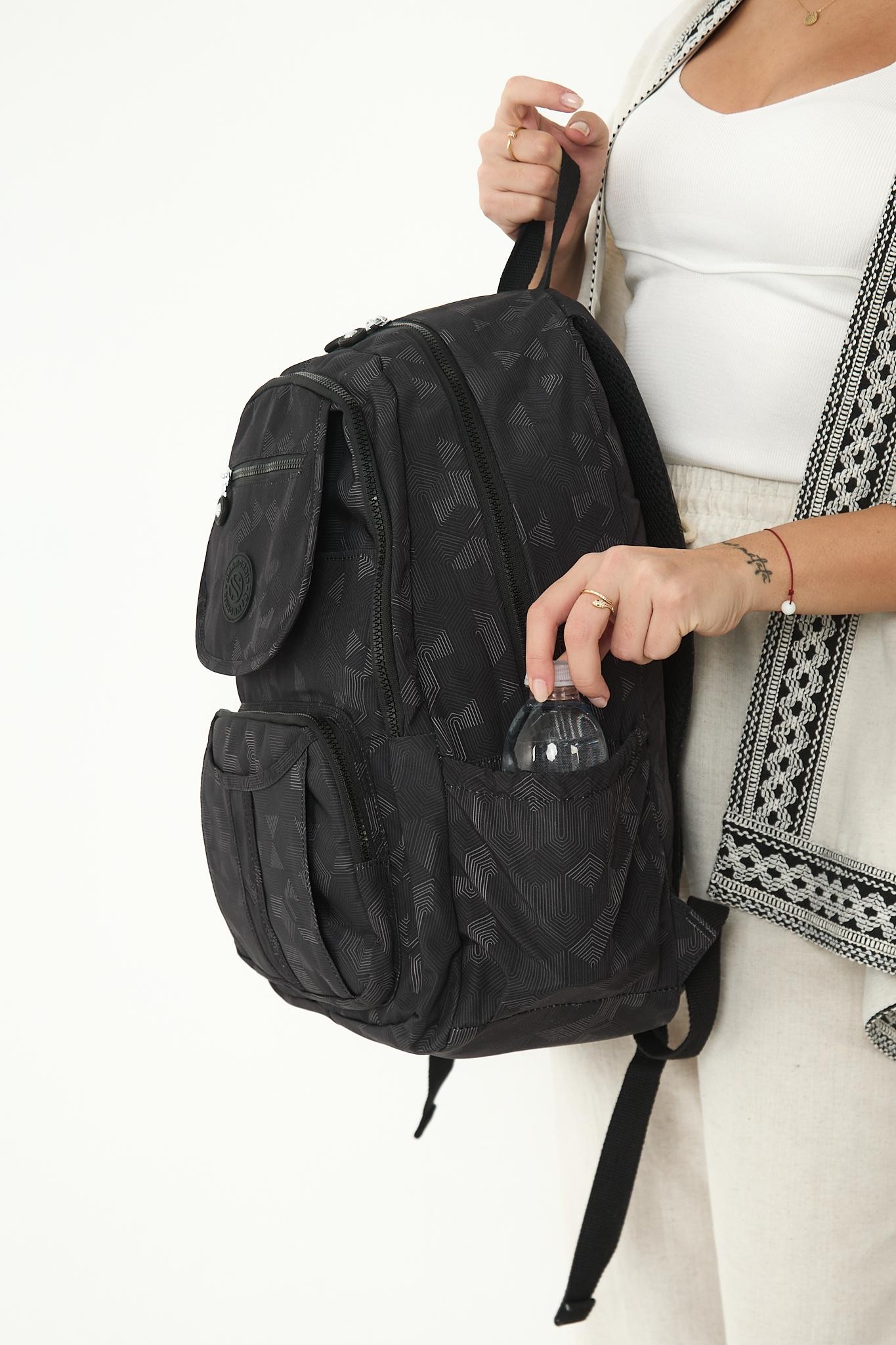 Unisex Suya Dayanıklı Krinkıl Kumaş Çok Gözlü Laptop Okul Ve Seyahat Sırt Çantası - SİYAH DESENLİ