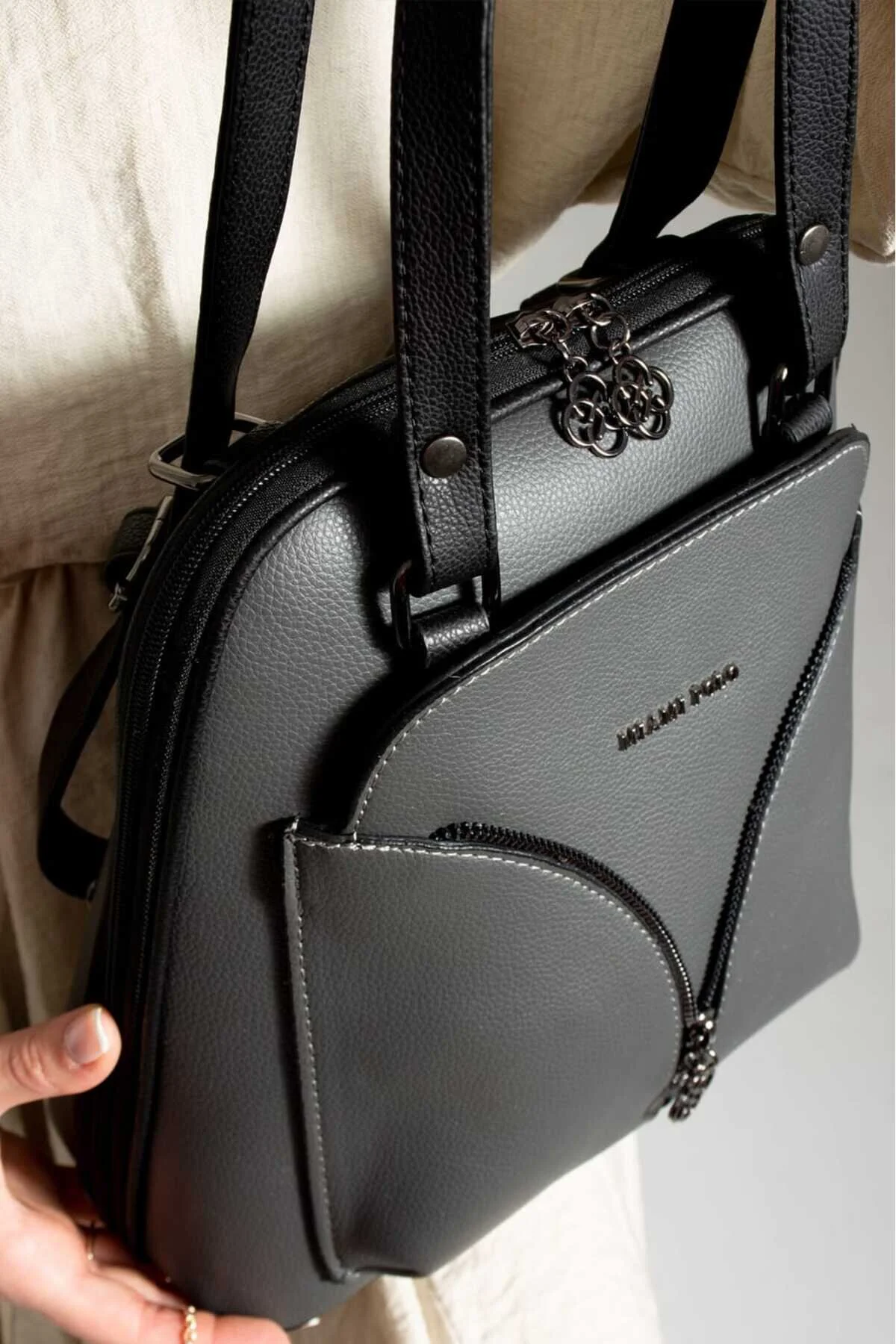 Yoro Model Kadın Sırt Ve Omuz Çantası Su Geçirmez Suni Deri Çok Cepli Ultra - GRİ