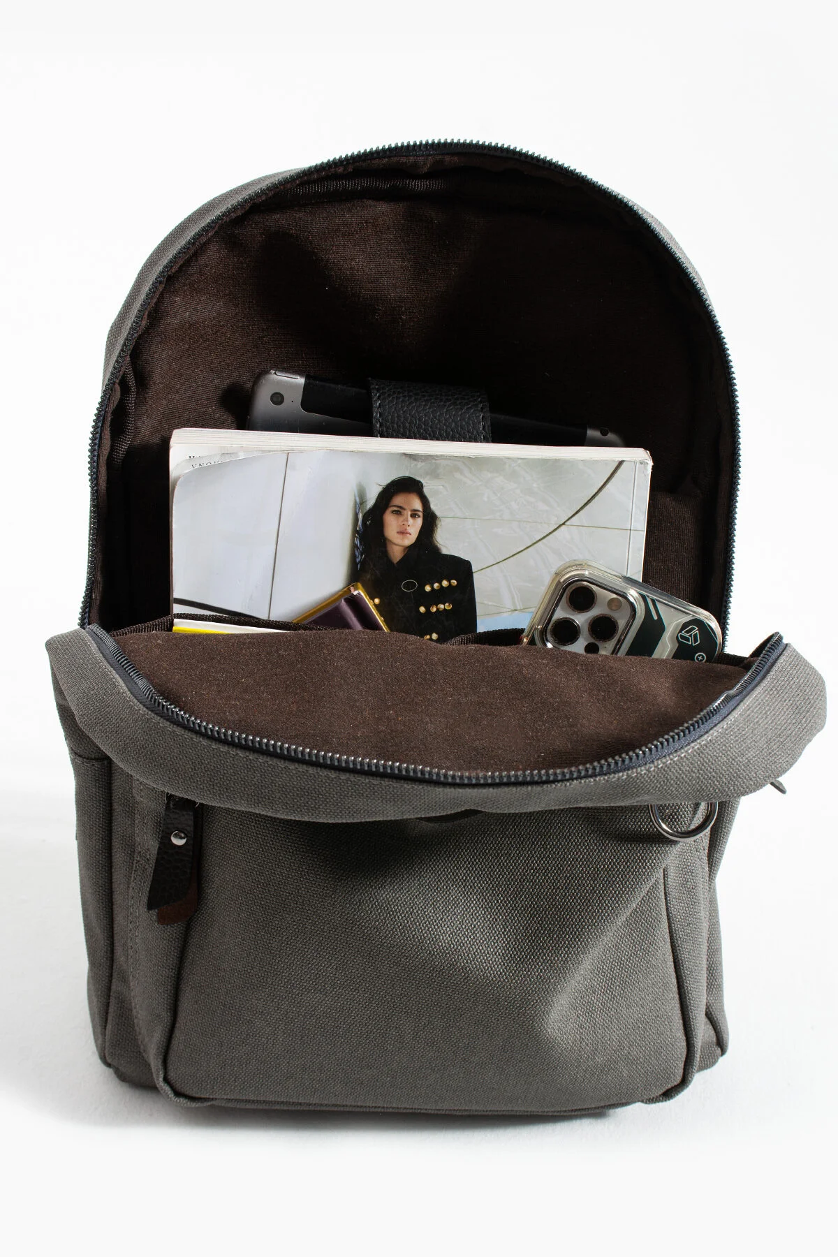 Premium Kanvas Kumaş Sırt Çantası Business Çanta 1.sınıf Kaliteli Kumaş Çanta - GRİ-KAHVERENGİ