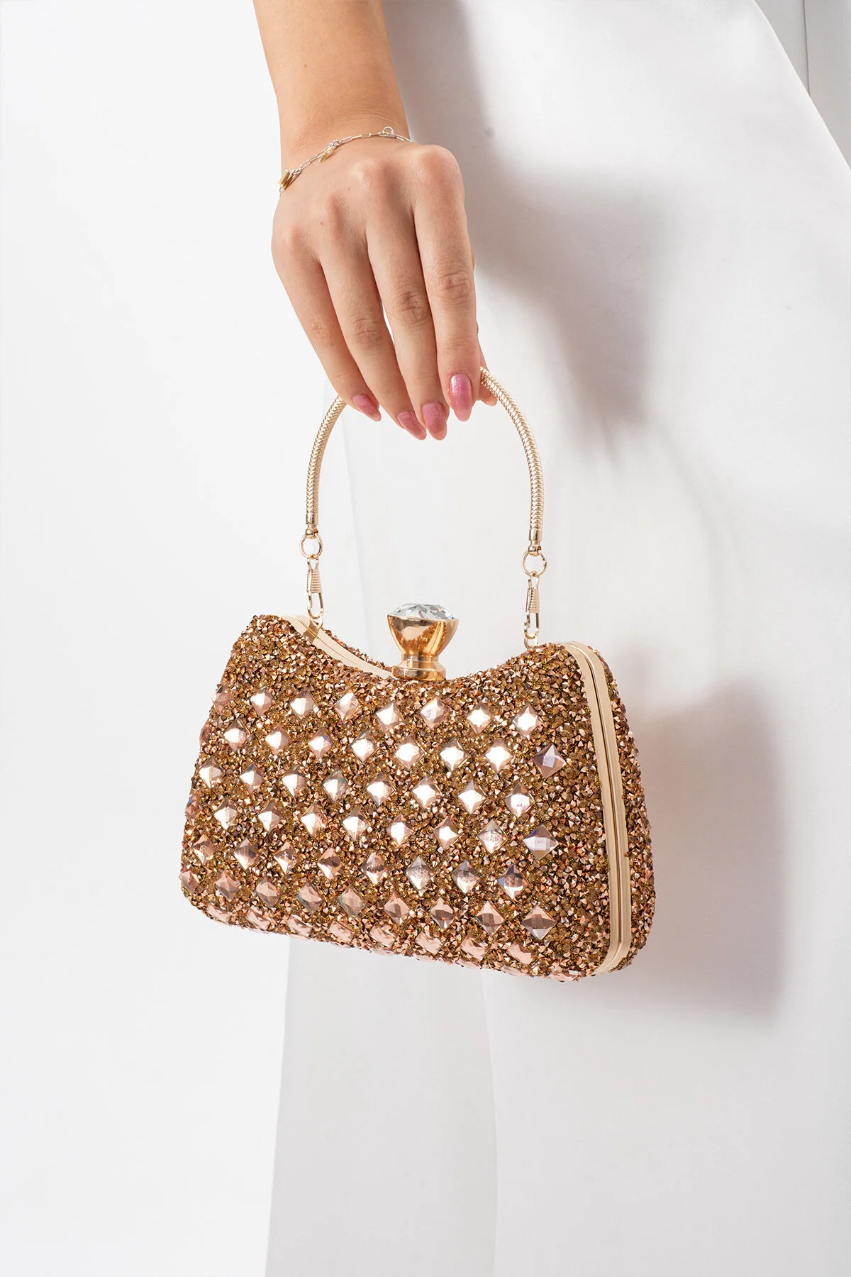  Iri Taşlı Üçgen Taş Detaylı Çift Taraflı Abiye Çanta - BRONZ