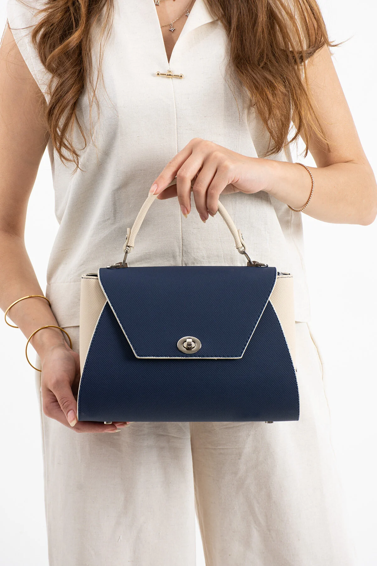 Polo Of Colors Kapaklı El ve Uzun Omuz Askılı Kadın Çanta Cüzdan Takımı - LACİVERT-KREM