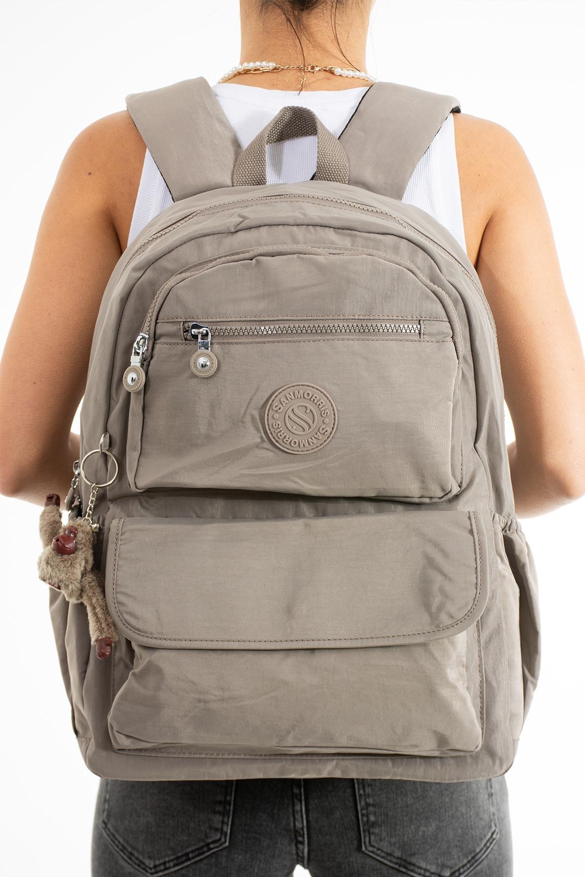 Unisex Suya Dayanıklı Kumaş Laptop Bölmeli Büyük Boy Açık Gri Renkli Okul Seyahat Sırt Çantası - VİZON