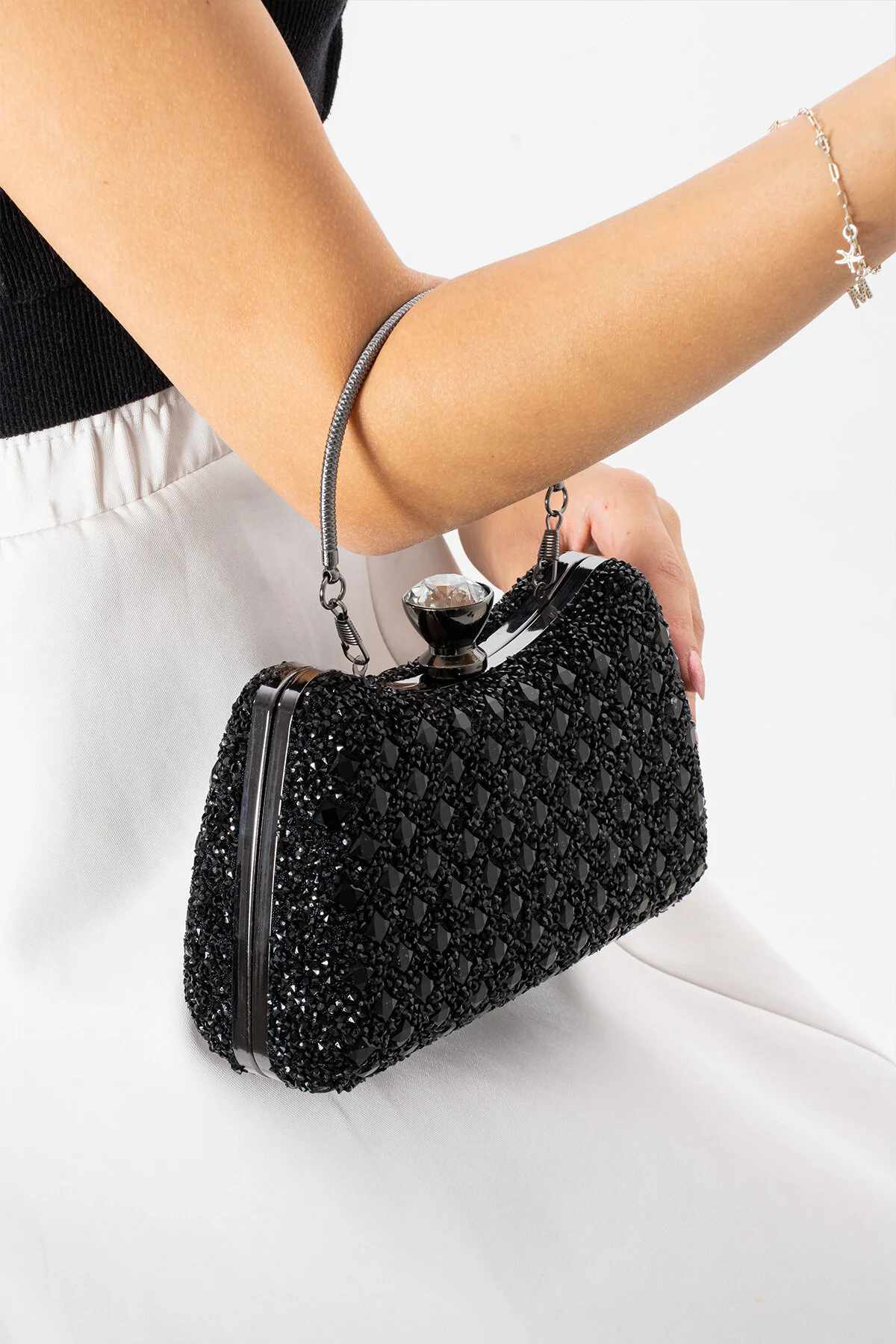  Iri Taşlı Üçgen Taş Detaylı Çift Taraflı Abiye Çanta - SİYAH