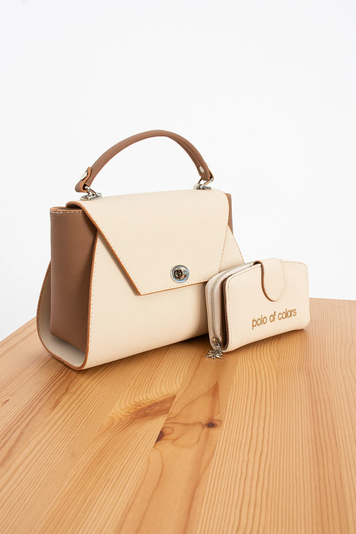 Polo Of Colors Kapaklı El ve Uzun Omuz Askılı Kadın Çanta Cüzdan Takımı - KREM-TABA