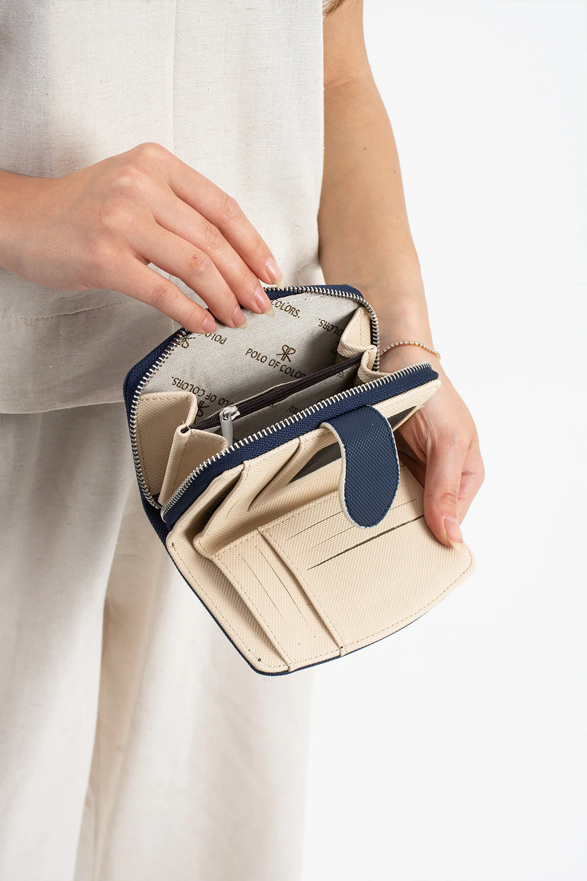 Polo Of Colors Kapaklı El ve Uzun Omuz Askılı Kadın Çanta Cüzdan Takımı - LACİVERT-KREM