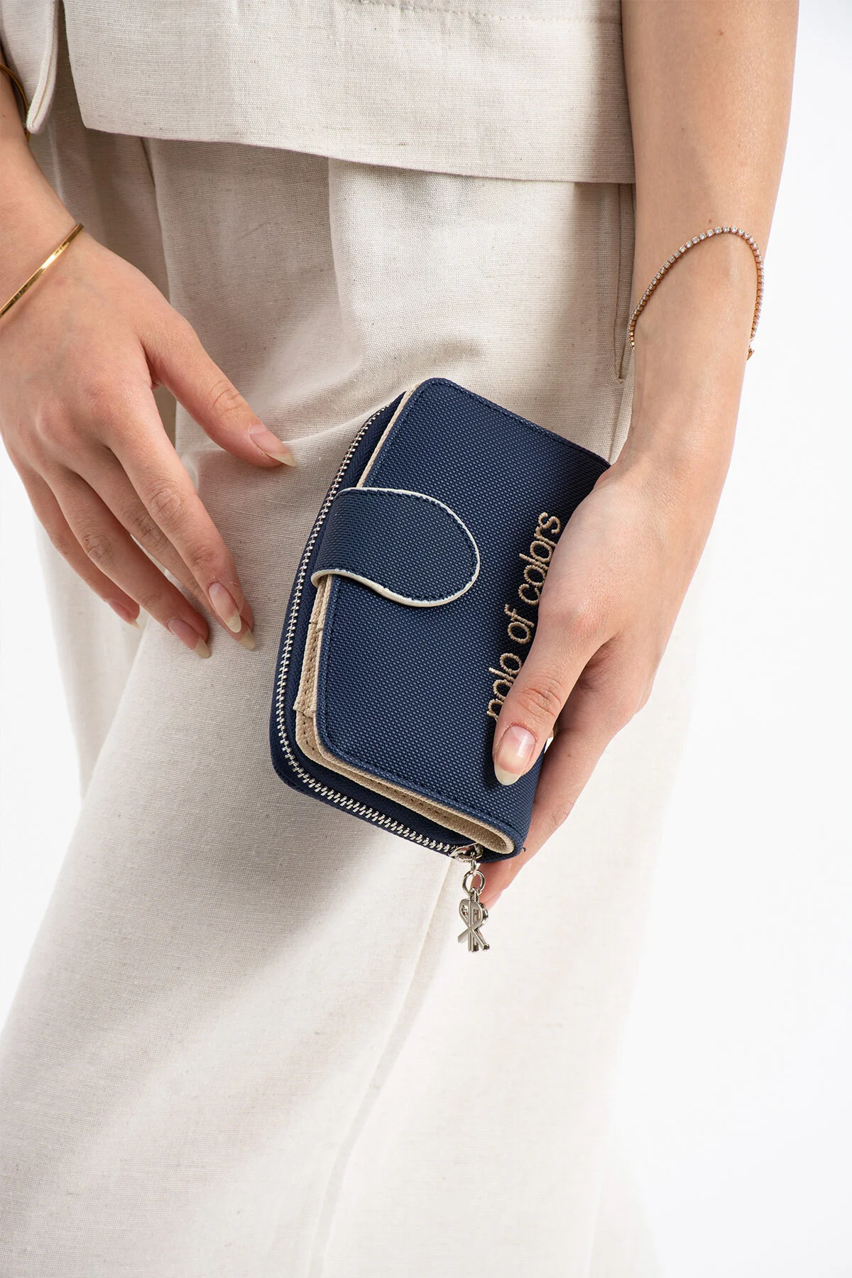 Polo Of Colors Kapaklı El ve Uzun Omuz Askılı Kadın Çanta Cüzdan Takımı - LACİVERT-KREM