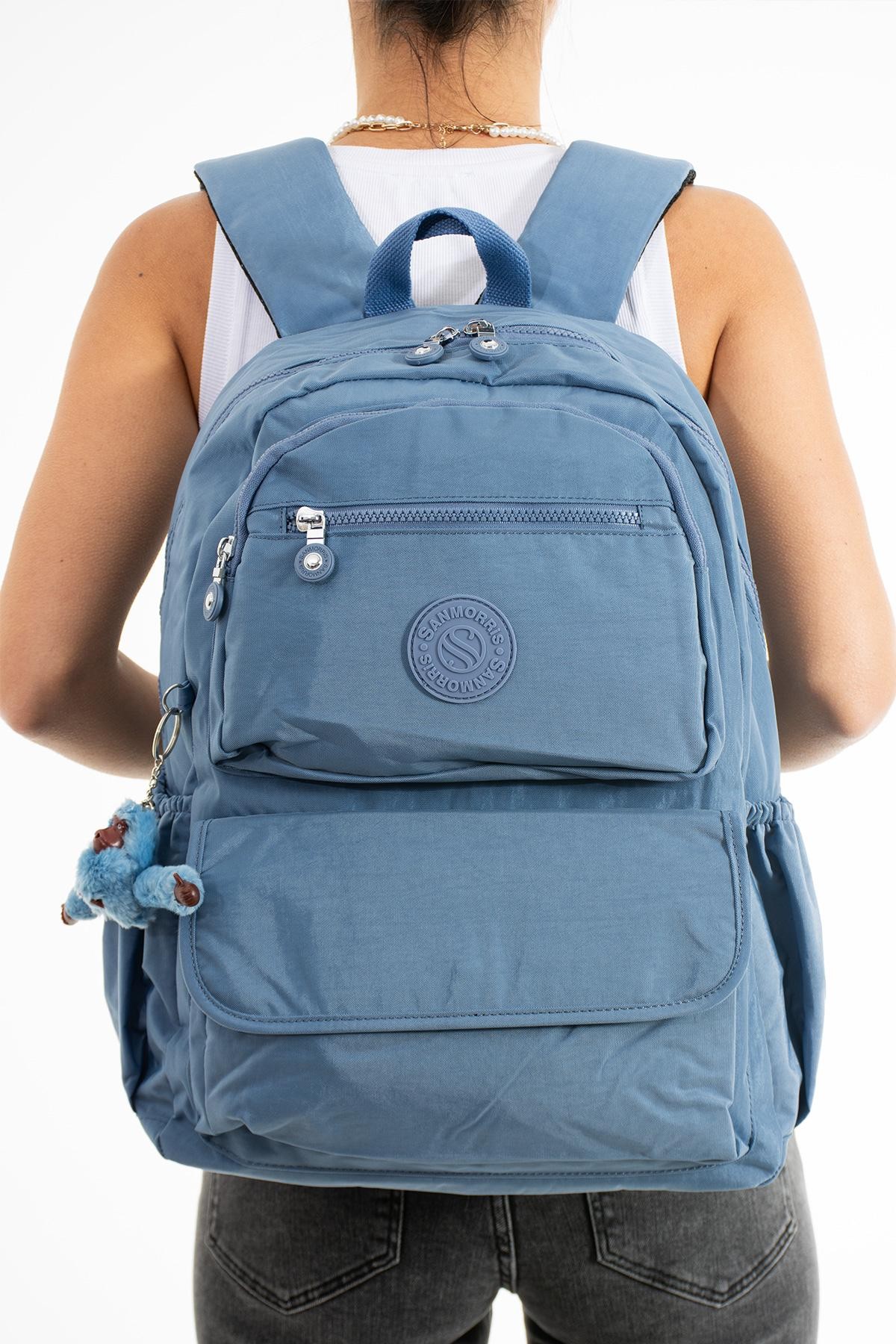 Unisex Suya Dayanıklı Kumaş Laptop Bölmeli Büyük Boy Açık Gri Renkli Okul Seyahat Sırt Çantası - MAVİ