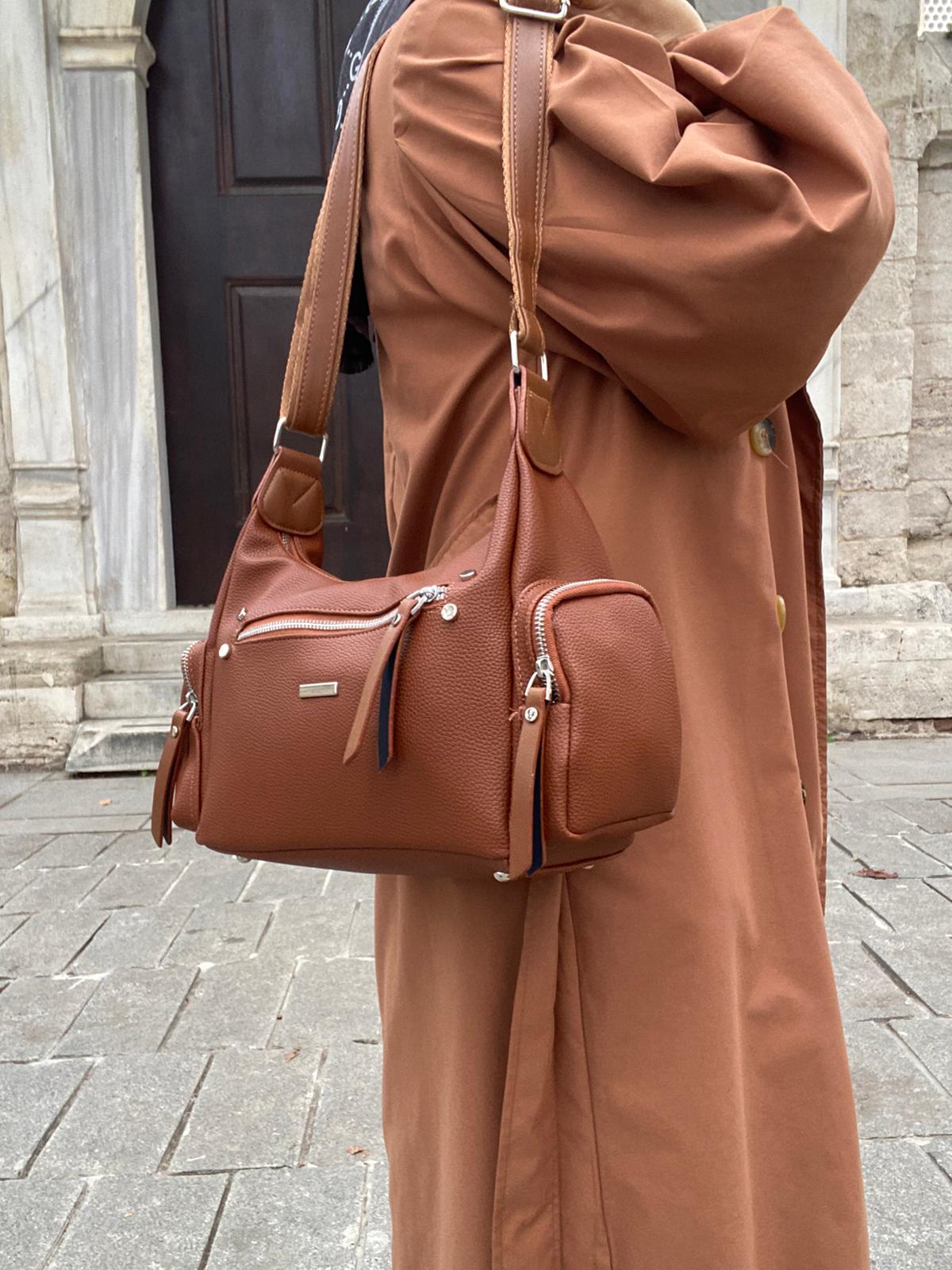 8 BÖLMELİ ASTARLI UZUN ASKILI ÇAPRAZ VE OMUZ ÇANTASI - TABA