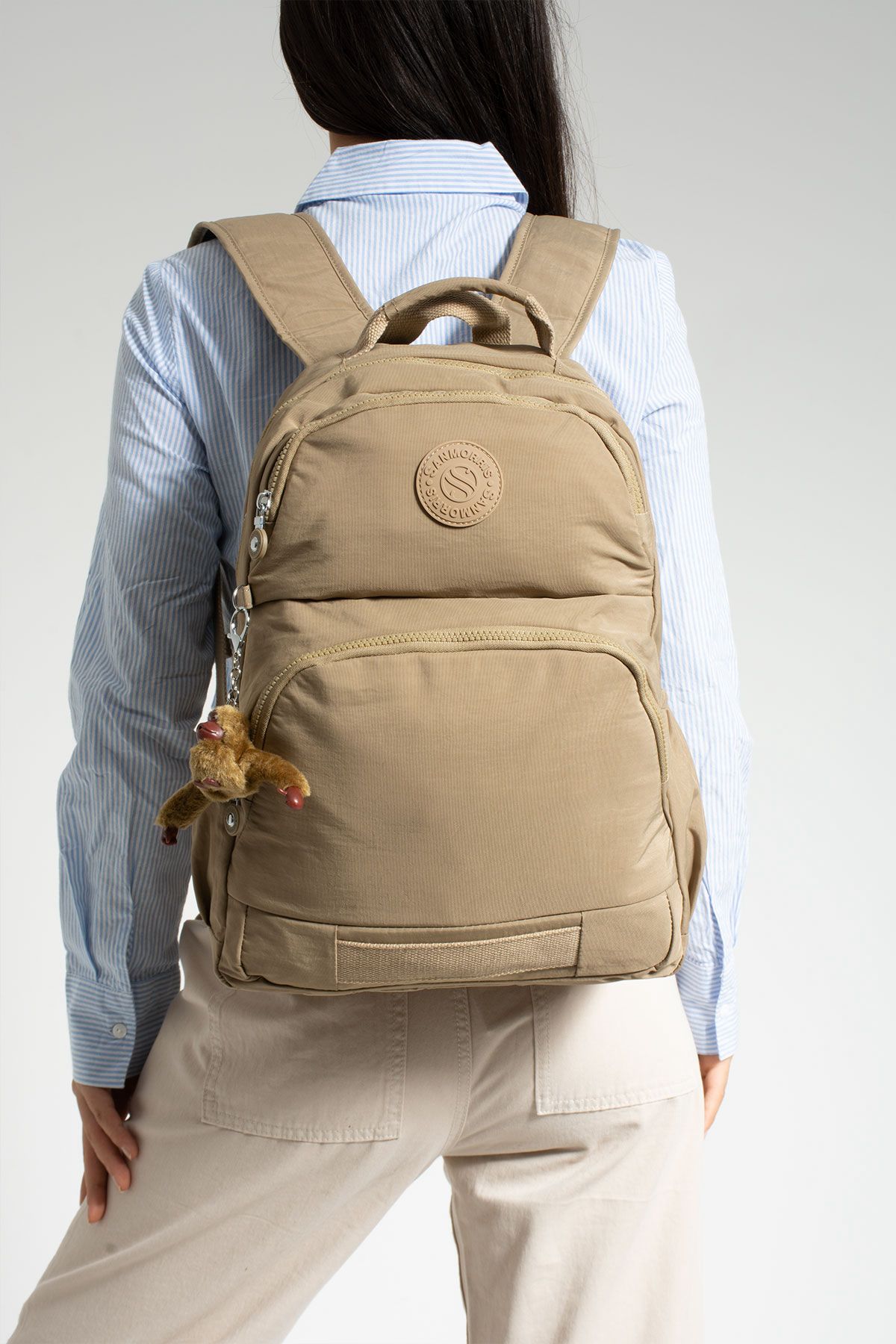 Unisex Suya Dayanıklı Kumaş Laptop Bölmeli 3 Gözlü Okul Seyahat Sırt Çantası - BEJ