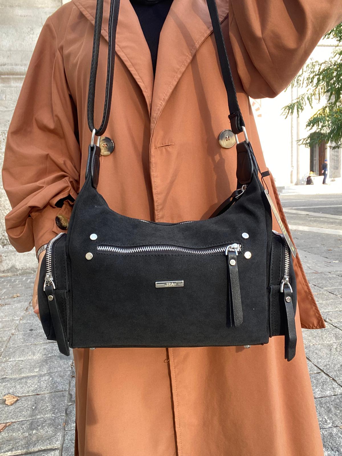 8 BÖLMELİ ASTARLI UZUN ASKILI ÇAPRAZ VE OMUZ ÇANTASI - SİYAH-NUBUK