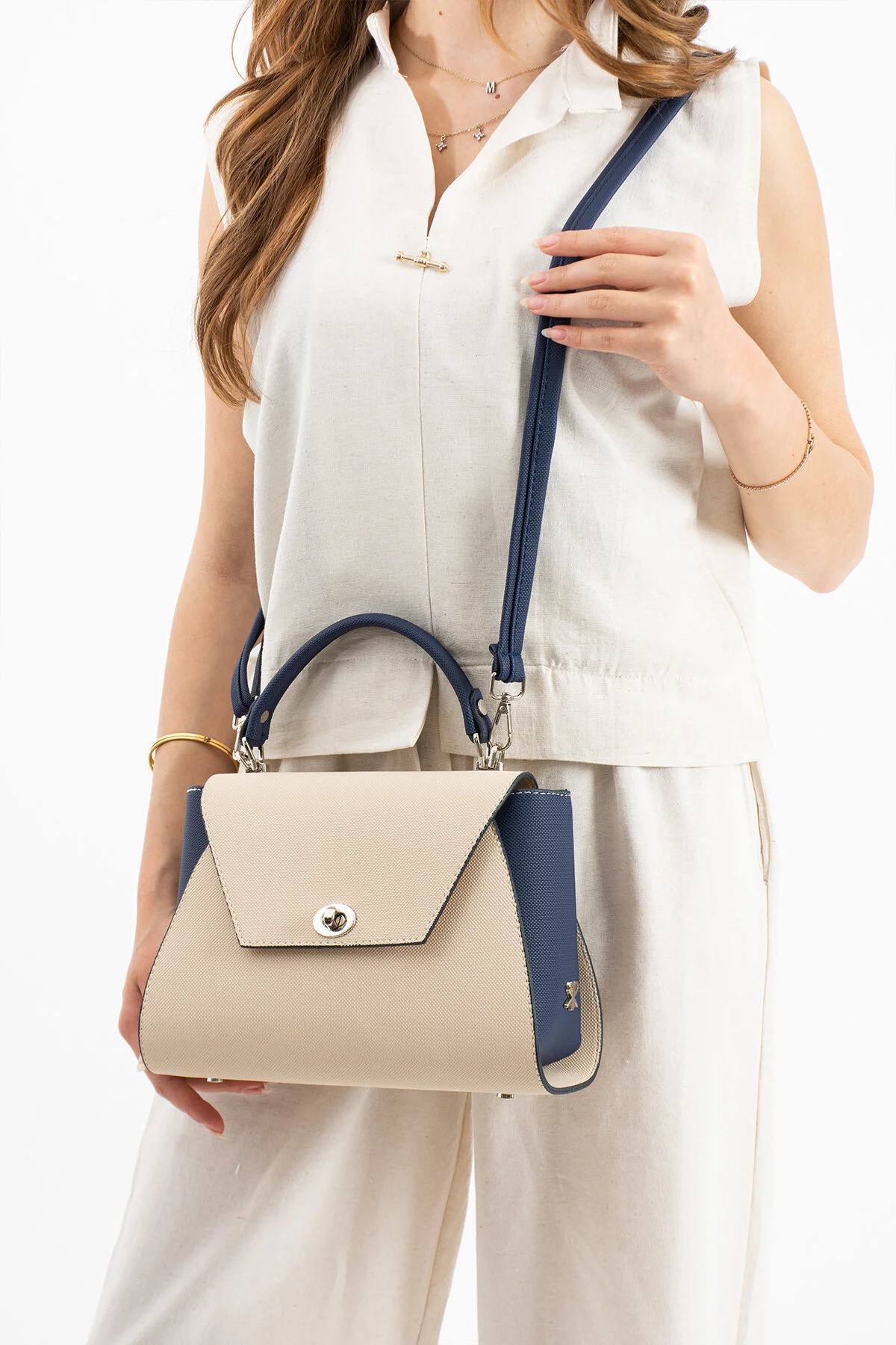 Polo Of Colors Kapaklı El ve Uzun Omuz Askılı Kadın Çanta Cüzdan Takımı - KREM-LACİVERT