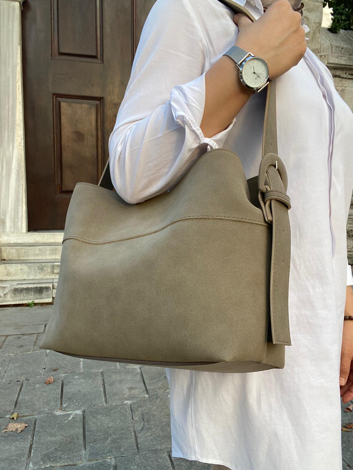 Süet Çok Şık Çok Kullanışlı Omuz Çantası - VİZON