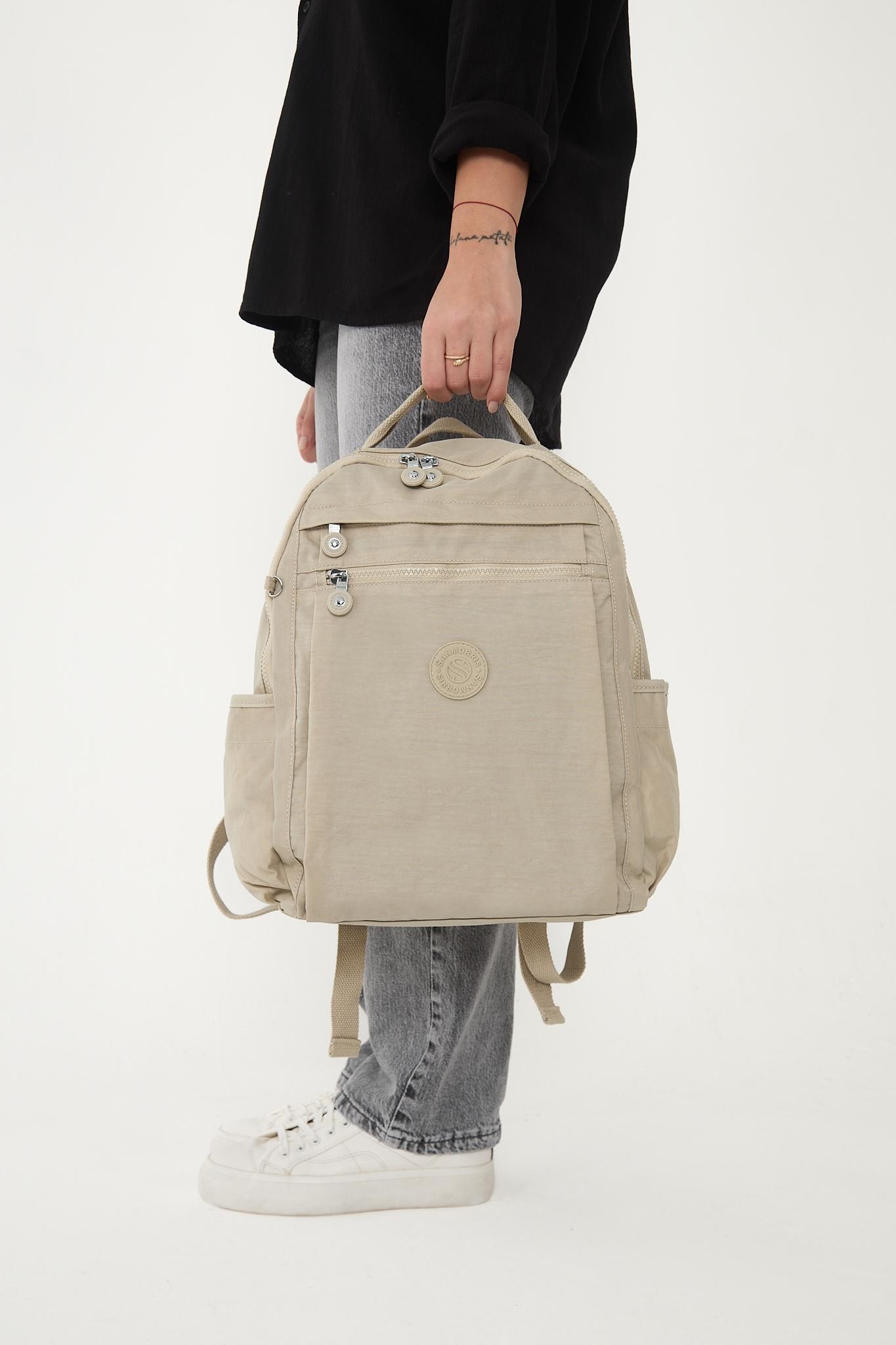 Unisex Suya Dayanıklı Krinkıl Kumaş Çok Gözlü Laptop Okul Ve Sırt Çantası - KREM