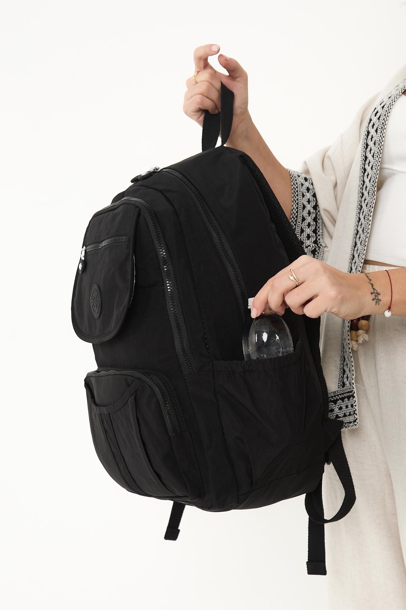 Unisex Suya Dayanıklı Krinkıl Kumaş Çok Gözlü Laptop Okul Ve Seyahat Sırt Çantası - SİYAH