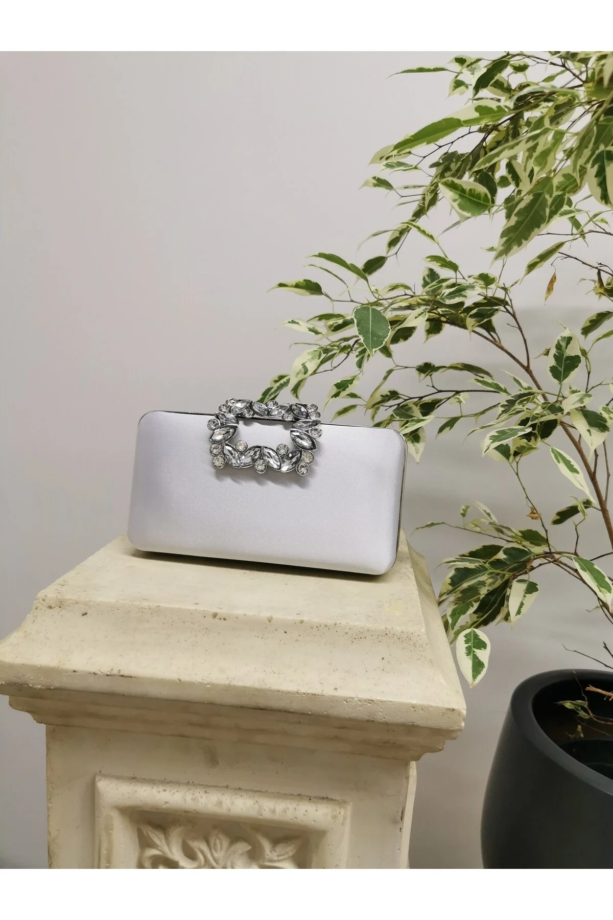 ABİYE TAŞLI TOKALI CLUTCH PORTFÖY EL DÜĞÜN NİŞAN GECE ÇANTASI - SATEN GÜMÜŞ
