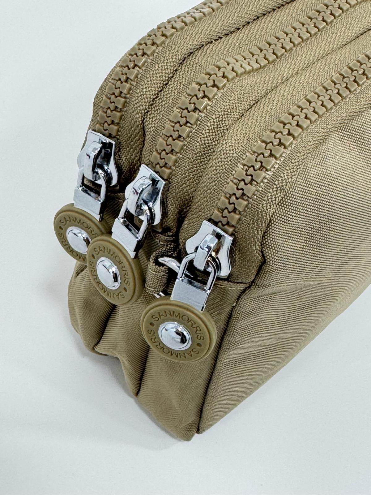 Krinkıl Kumaş El Ve Çapraz Askılı Kartlık, Bozuk Para Bölmeli Kalemlik/Cüzdan Tipi Makyaj Çantası - VİZON