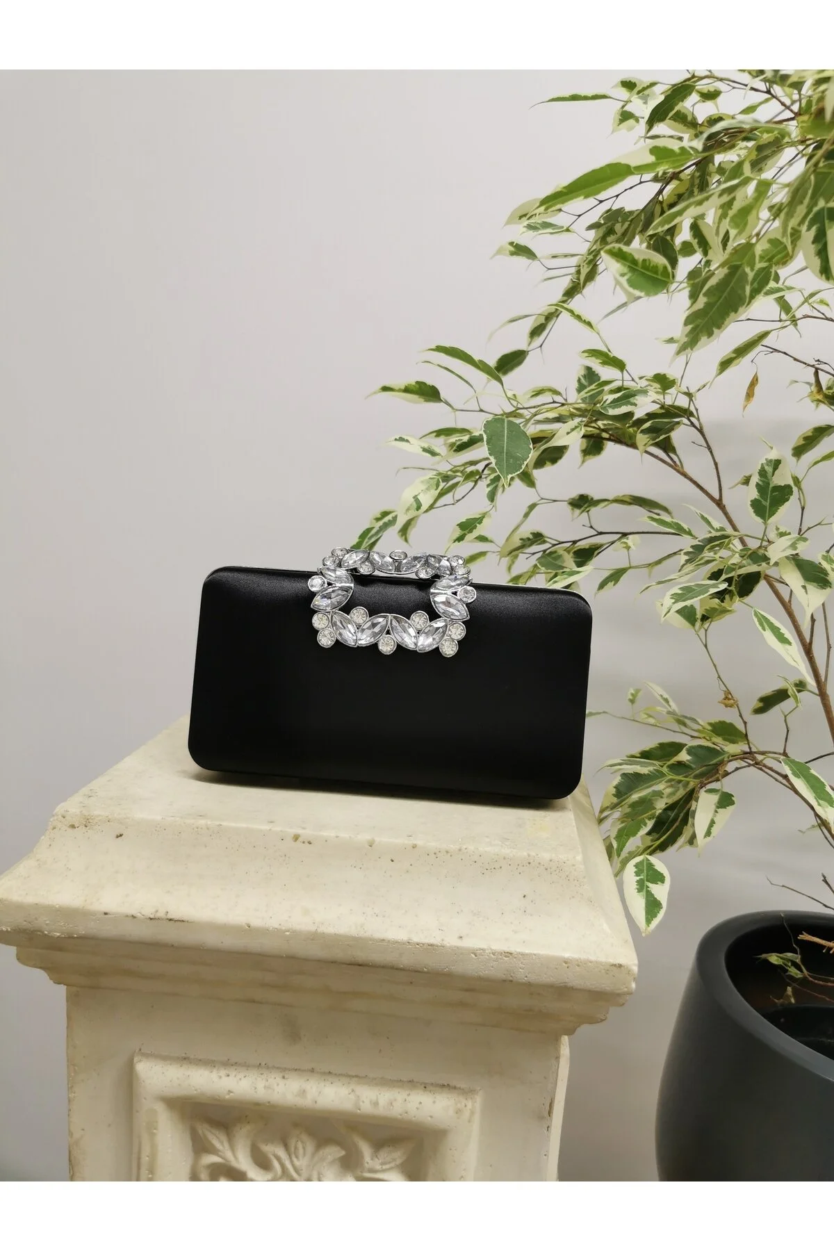 ABİYE TAŞLI TOKALI CLUTCH PORTFÖY EL DÜĞÜN NİŞAN GECE ÇANTASI - SATEN SİYAH