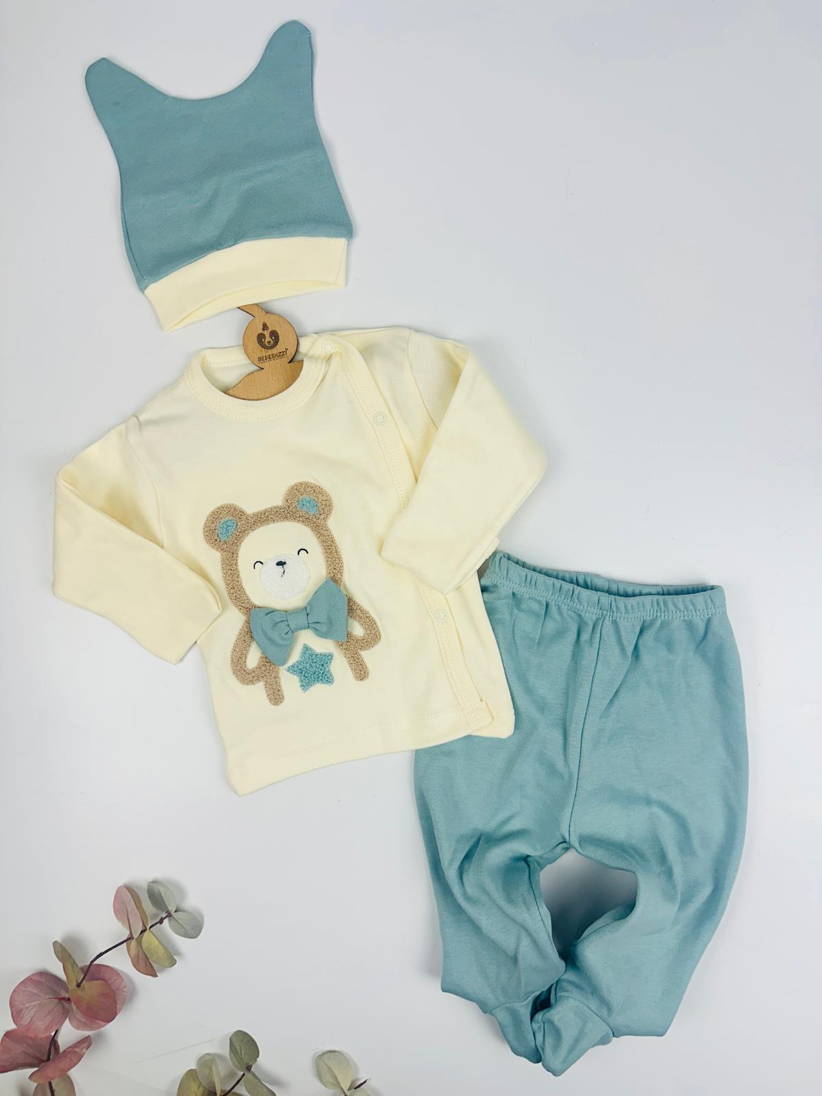 Papyonlu Ayıcık Desenli Kendinden Eldivenli İkili Takım