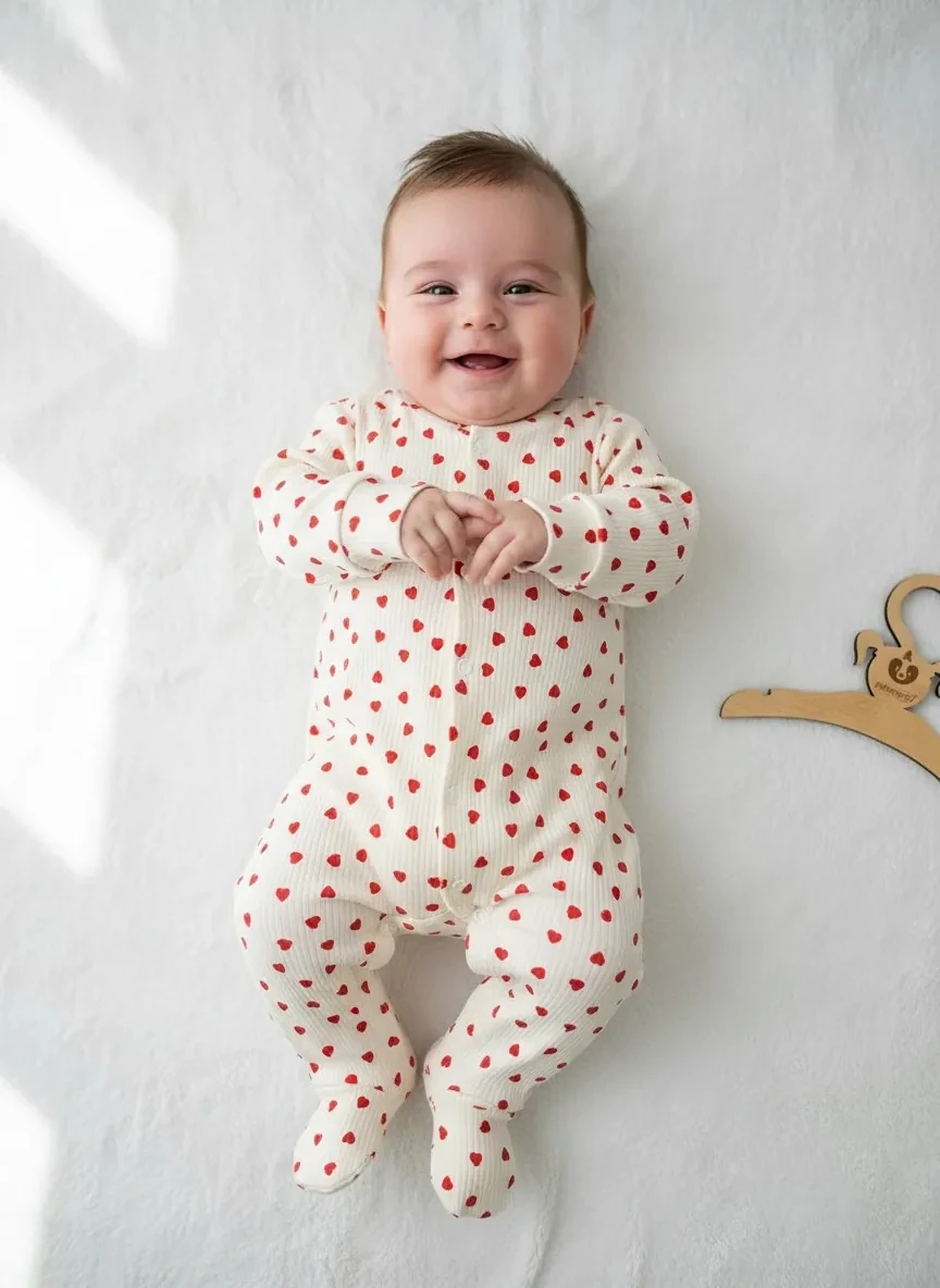 Kırmızı Kalp Temalı Krem Önden Çıtçıtlı Tulum