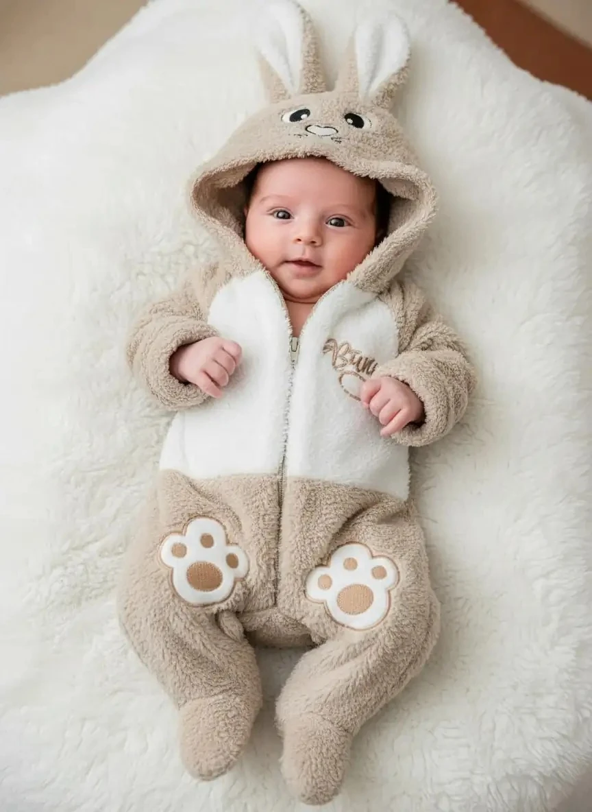 Bej Tavşan Temalı Peluş Fermuarlı Tulum