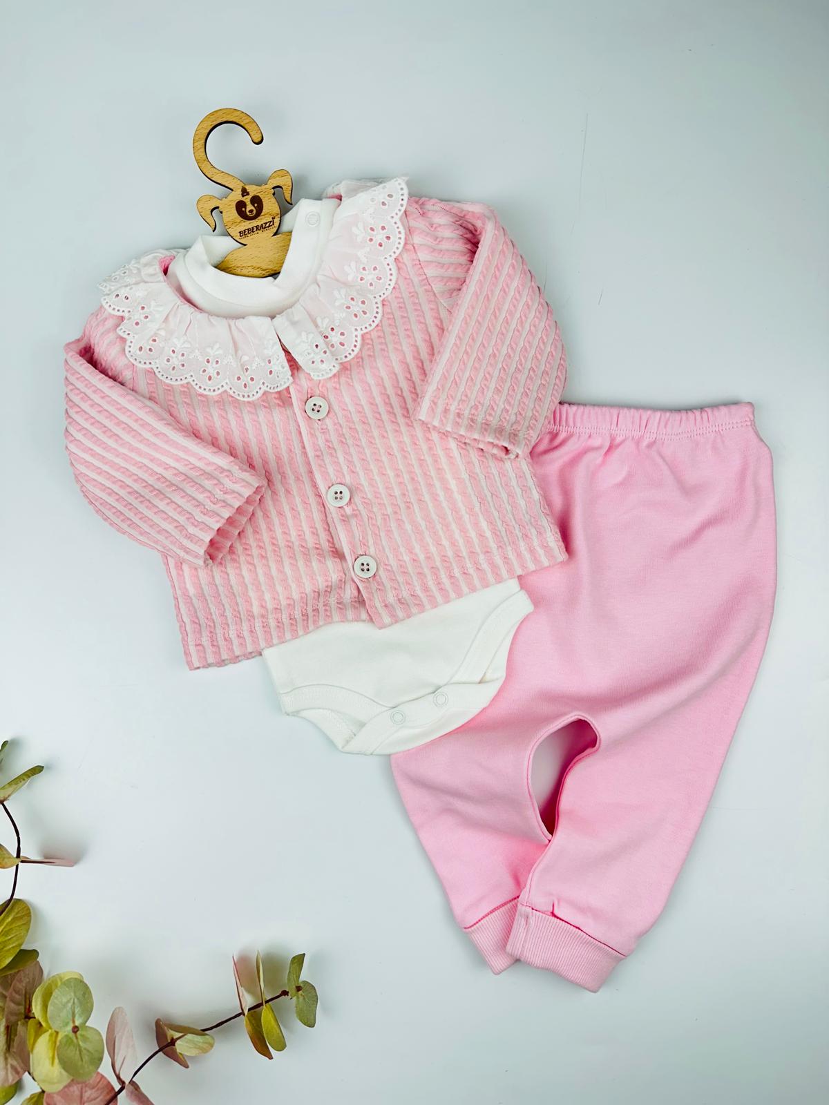 Pembe Güpür Yaka  Çizgili Hırkalı Üçlü Takım