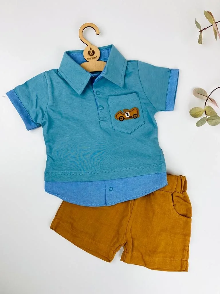 Polo Yaka Araba Temalı Yazlık İkili Takım