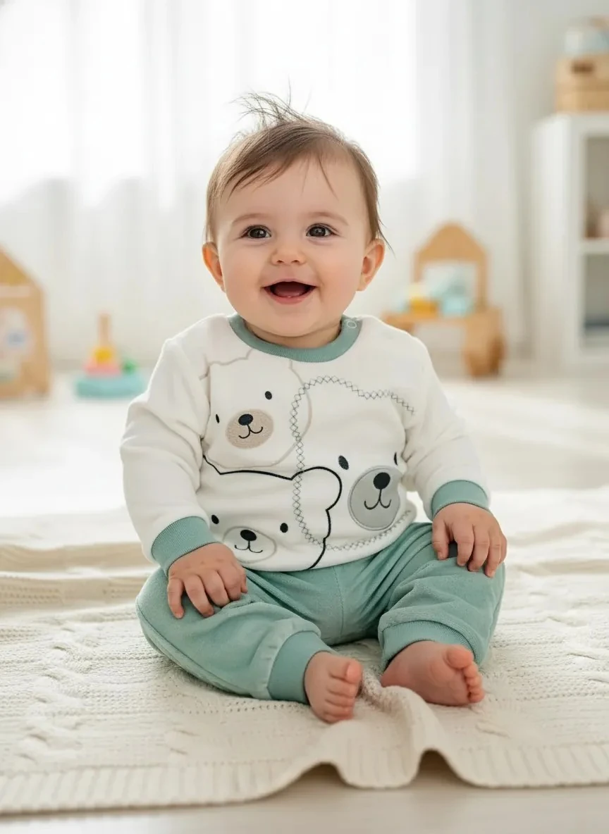 Ayı Temalı Kadife Su Yeşili İkili Takım