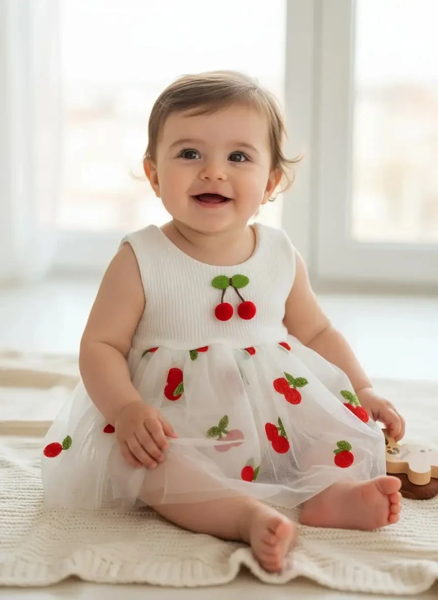 Kiraz Temalı Tütülü Kız Bebek Elbise