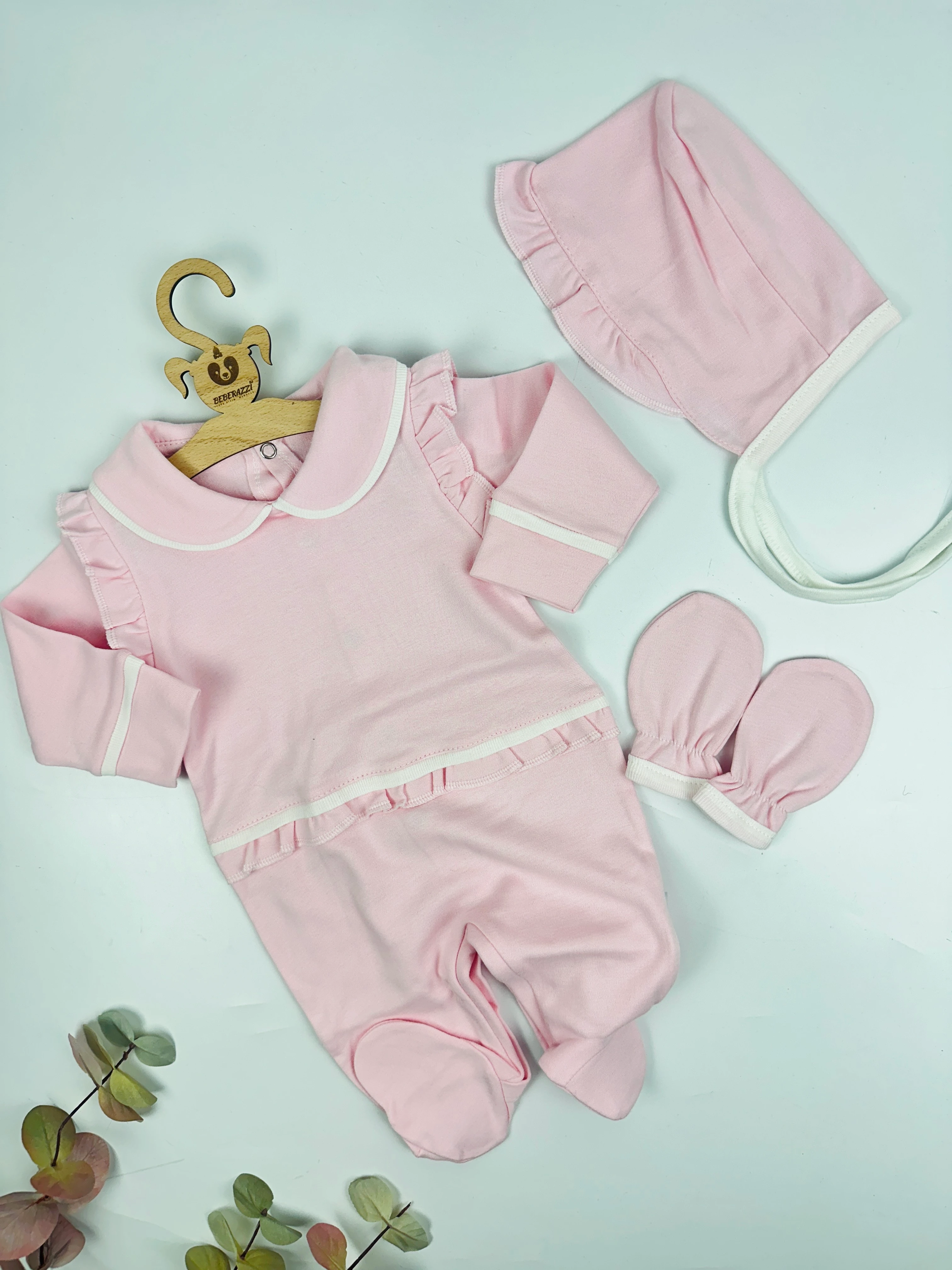 Pembe Fırfırlı Bebe Yaka Lora Şapka Tukum Set 